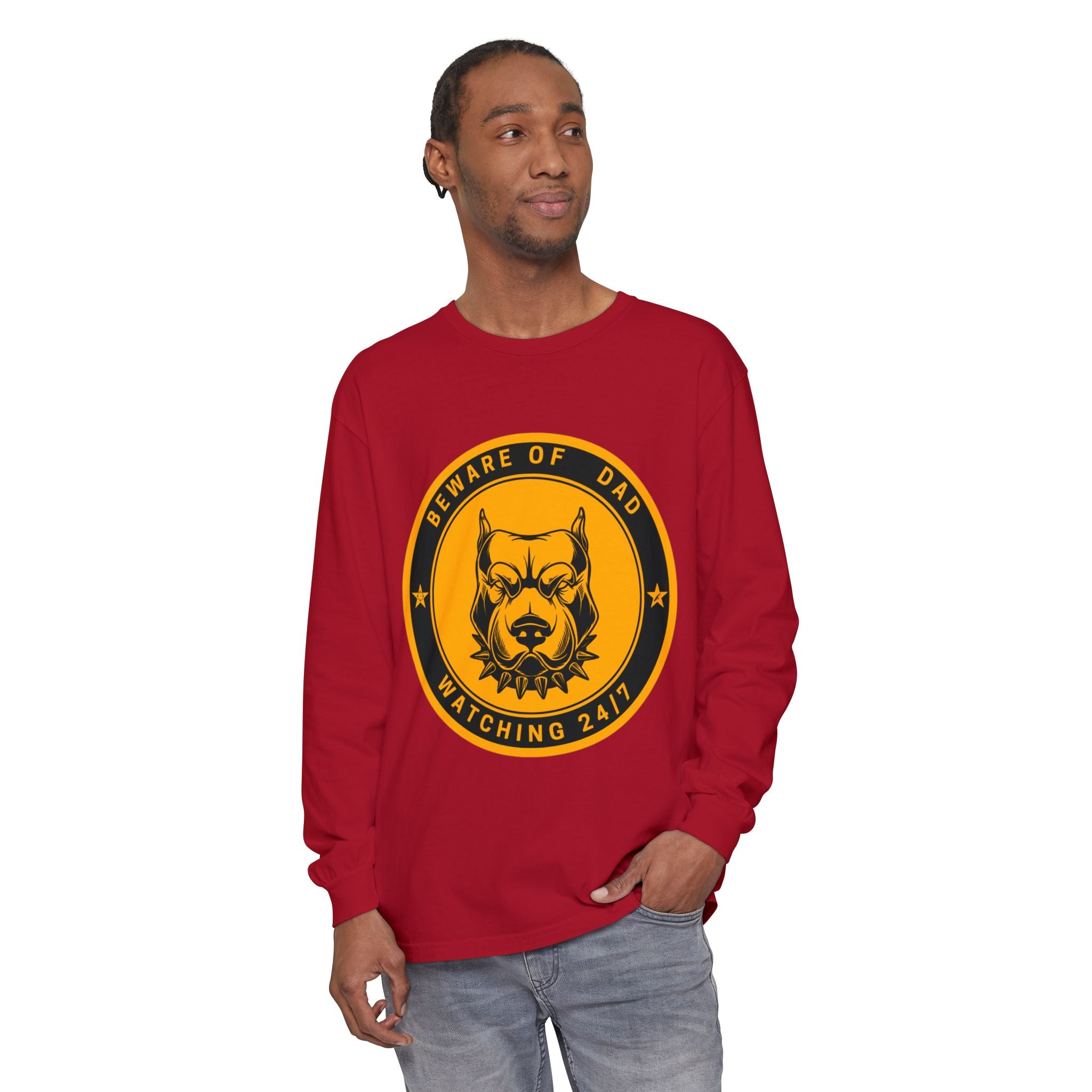 Beware of Dad Watching 24/7 Pitbull Graphic Long Sleeve Tee