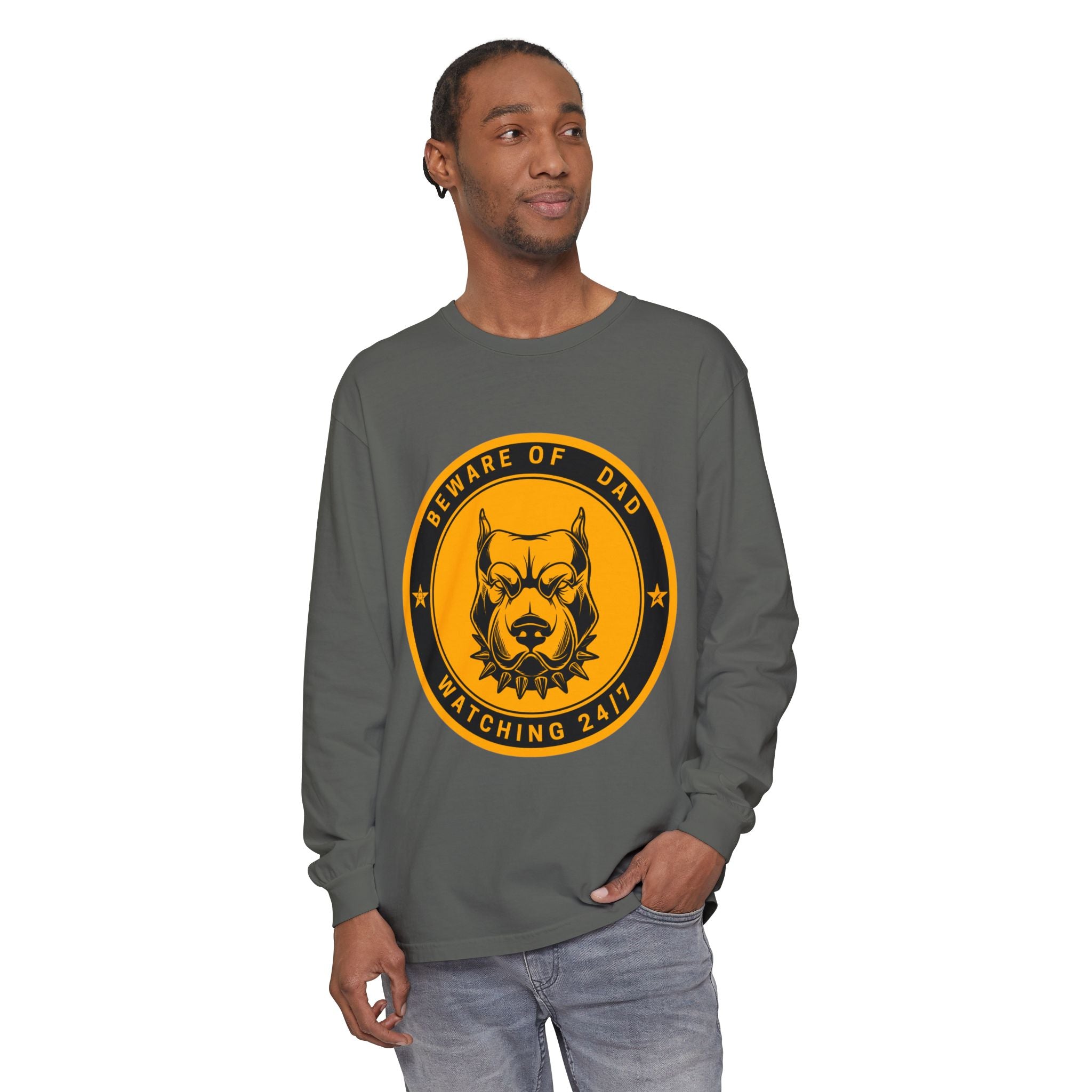 Beware of Dad Watching 24/7 Pitbull Graphic Long Sleeve Tee