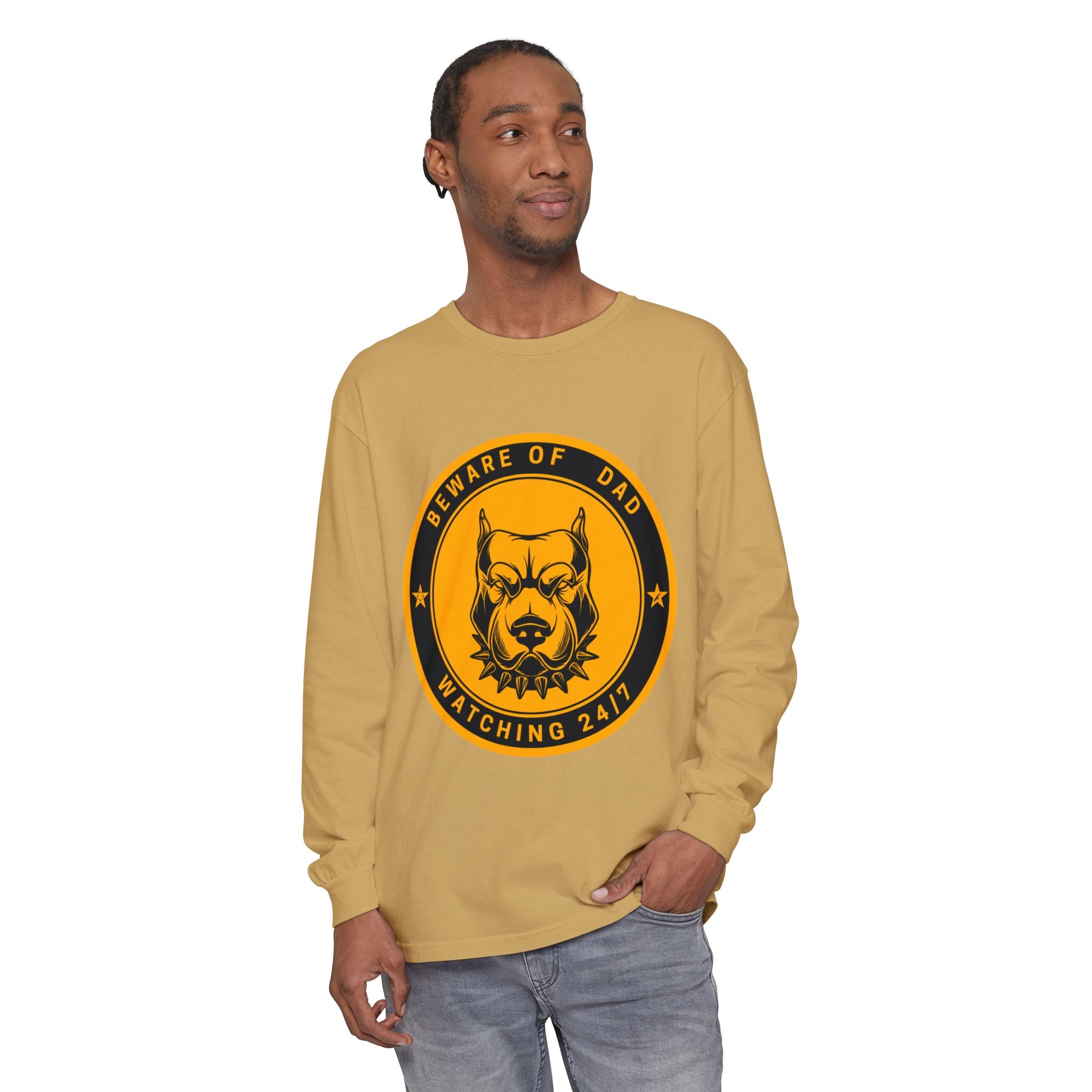 Beware of Dad Watching 24/7 Pitbull Graphic Long Sleeve Tee