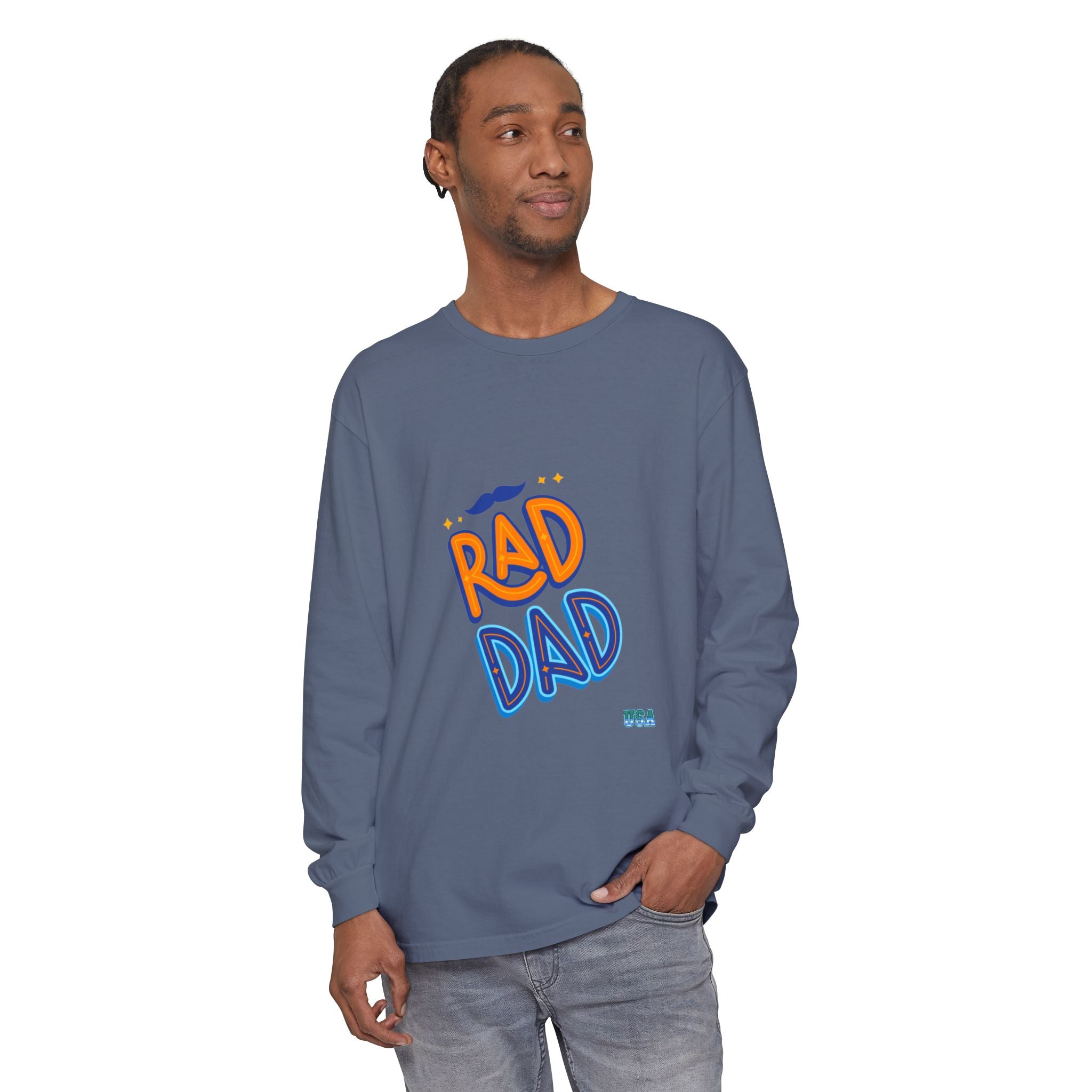 Rad Dad Long Sleeve T-Shirt | Retro Typography, Mustache Accent
