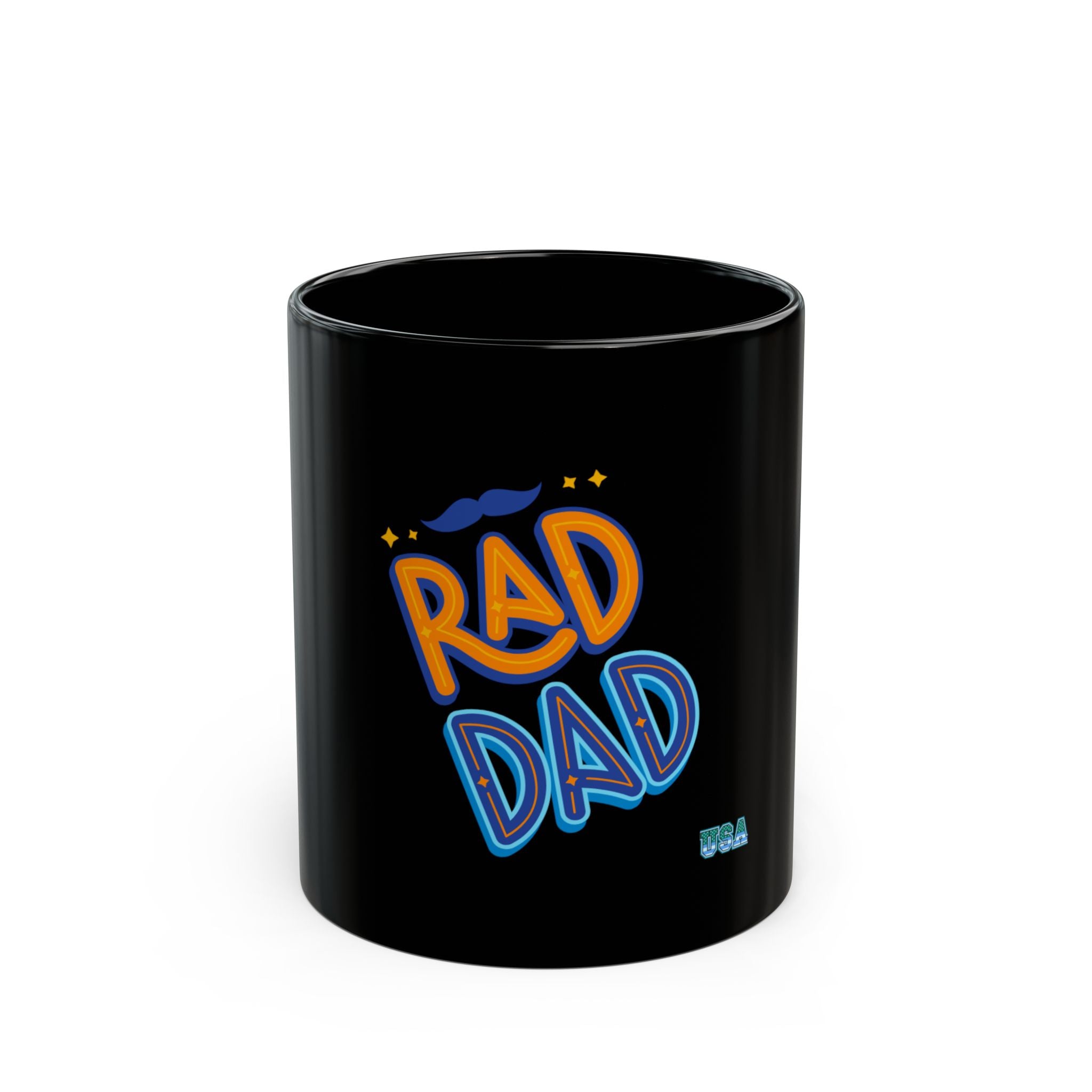 Rad Dad Mug | Black Ceramic Coffee Cup, Neon Retro Typography