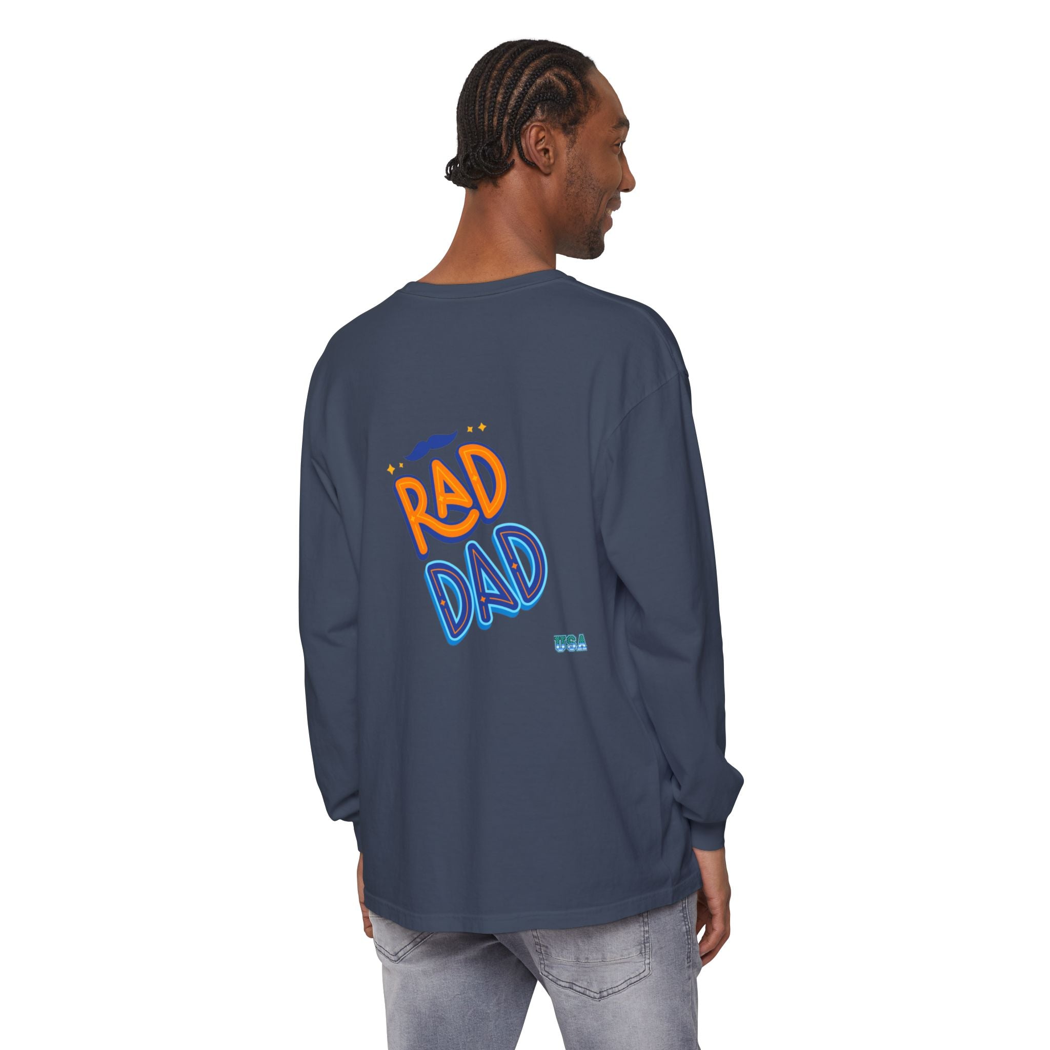 Rad Dad Long Sleeve T-Shirt | Retro Typography, Mustache Accent