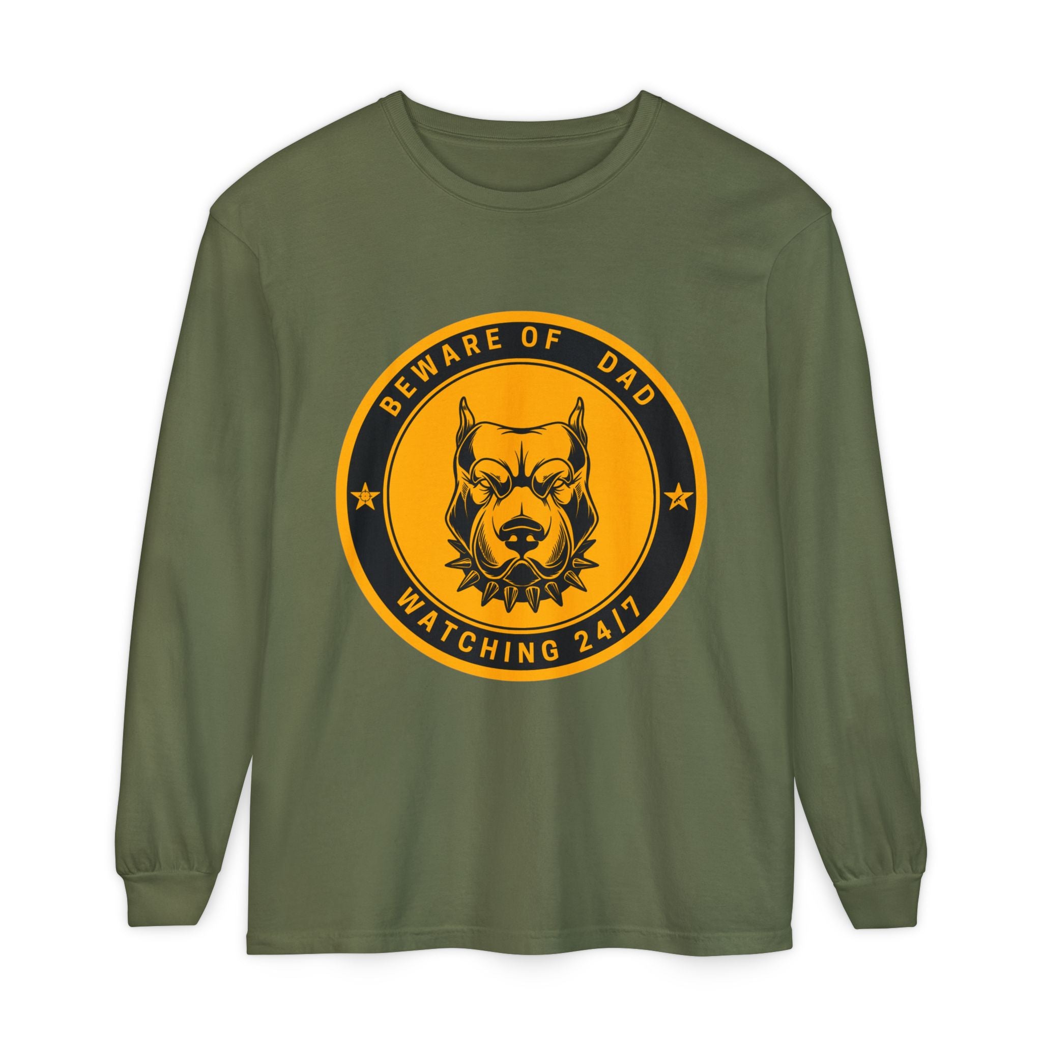 Beware of Dad Watching 24/7 Pitbull Graphic Long Sleeve Tee