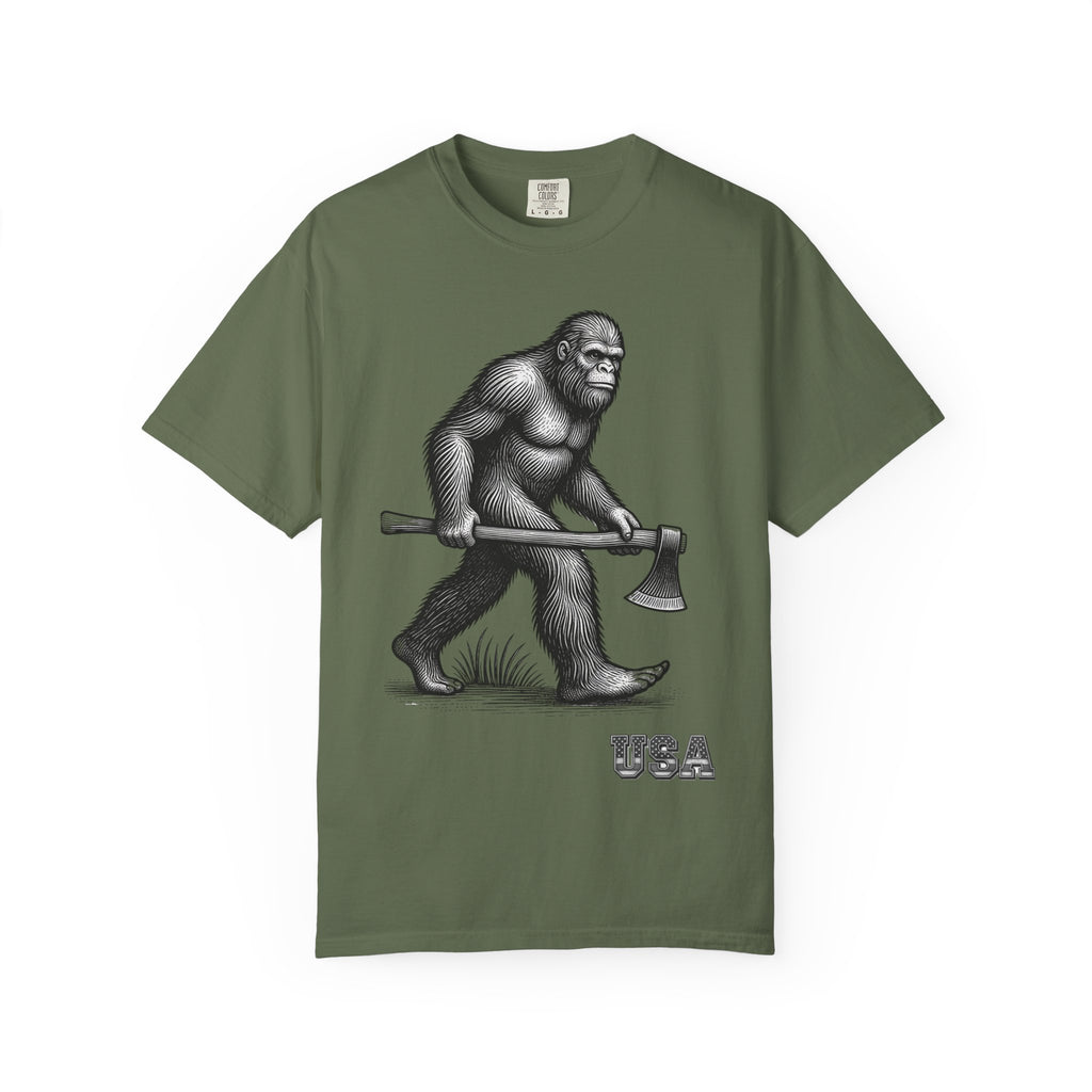 Sasquatch with Axe T-shirt | Vintage Bigfoot Illustration USA
