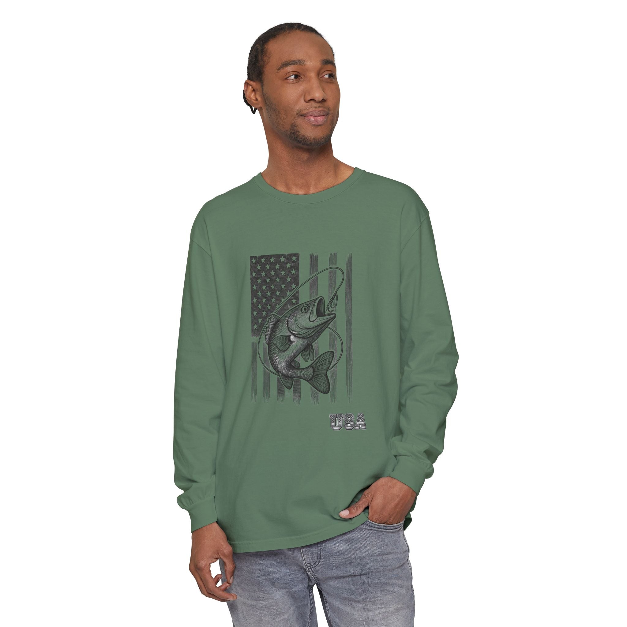 American Flag Bass Fishing Long Sleeve T-Shirt | USA Bass Tee