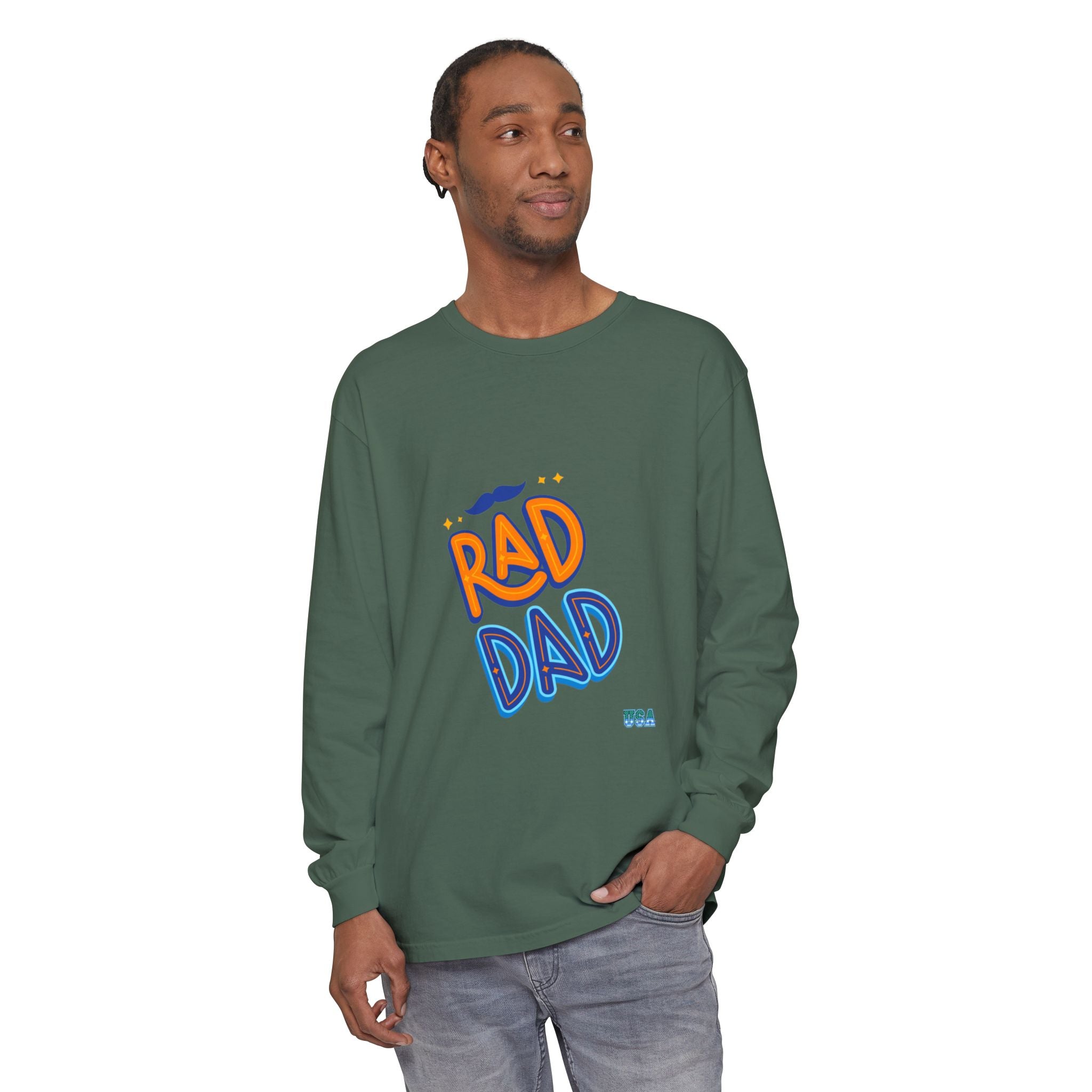 Rad Dad Long Sleeve T-Shirt | Retro Typography, Mustache Accent