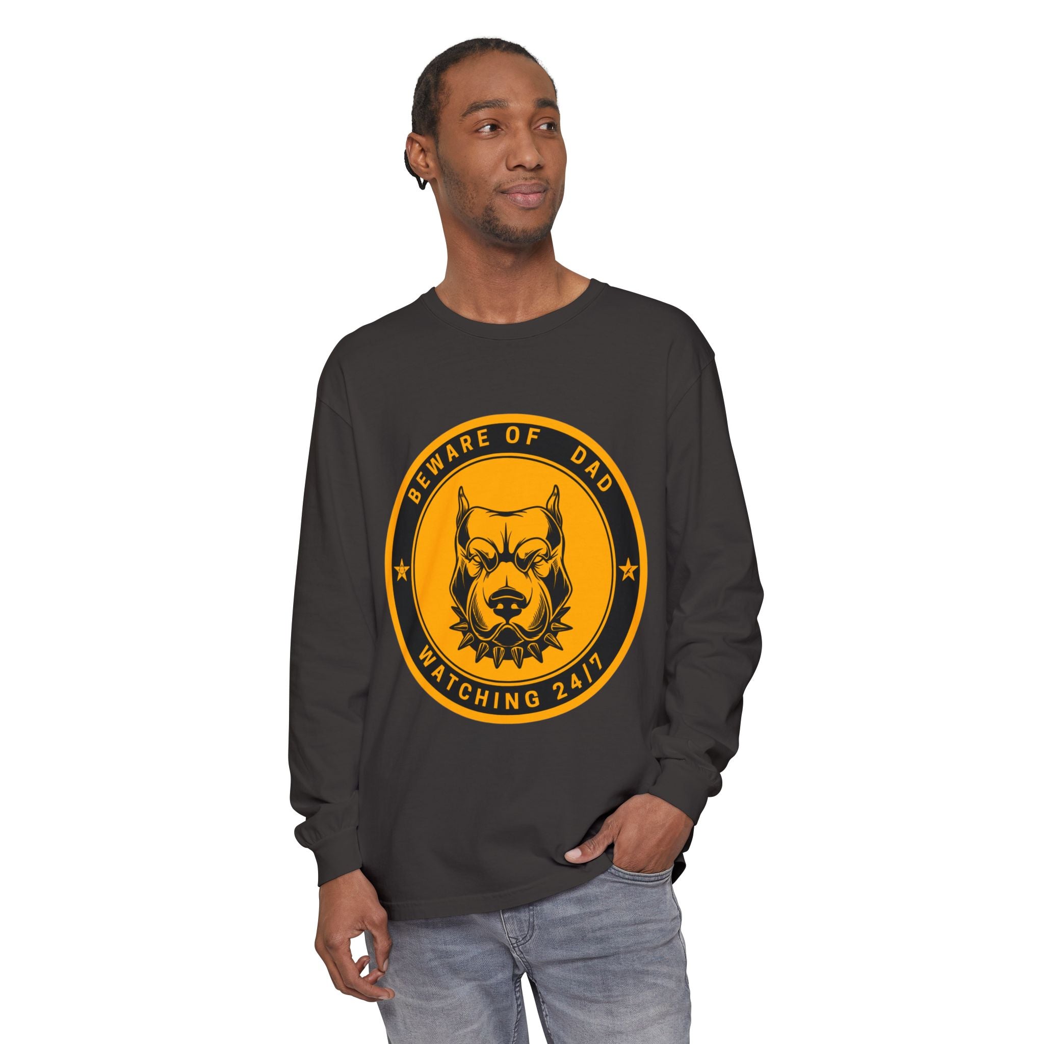 Beware of Dad Watching 24/7 Pitbull Graphic Long Sleeve Tee