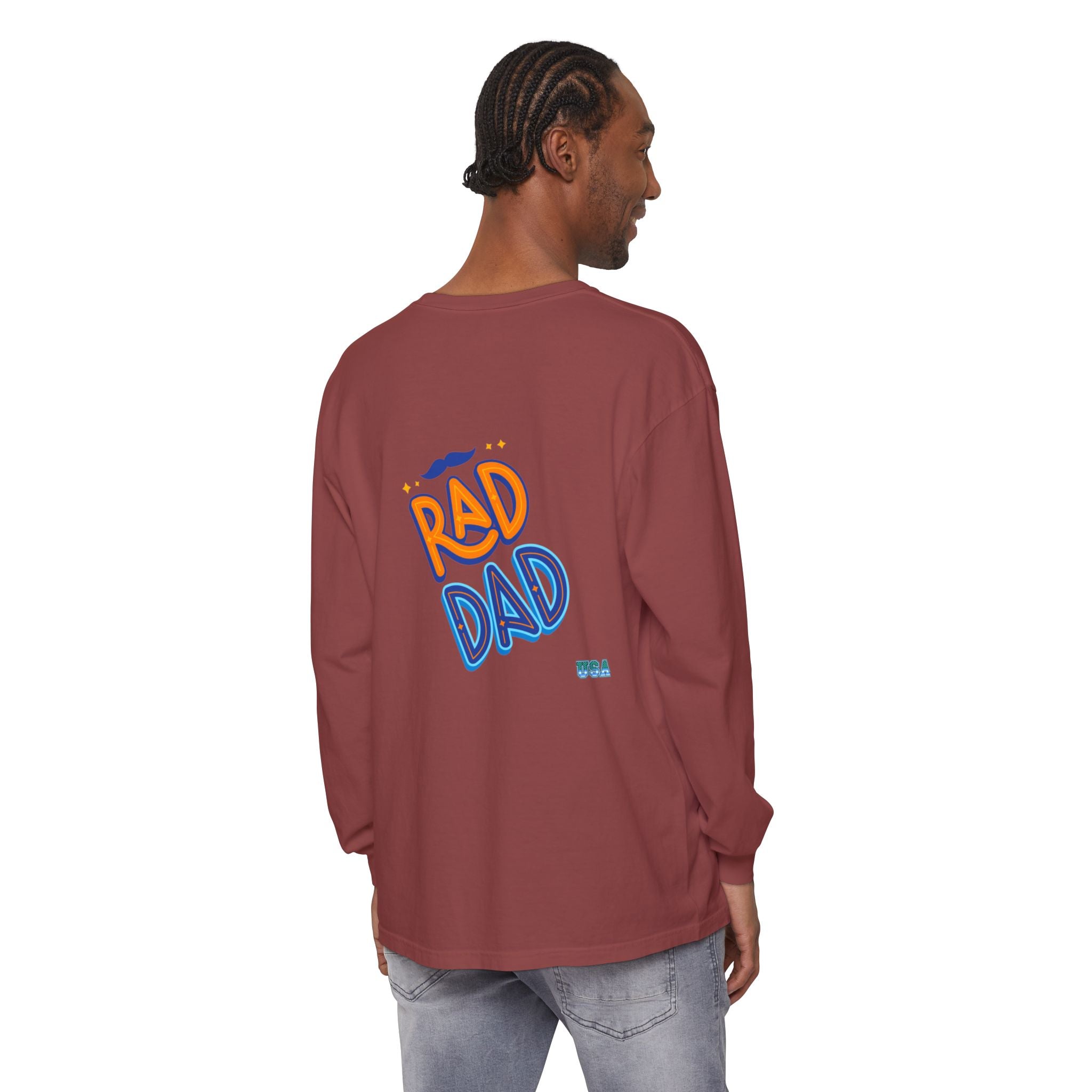 Rad Dad Long Sleeve T-Shirt | Retro Typography, Mustache Accent