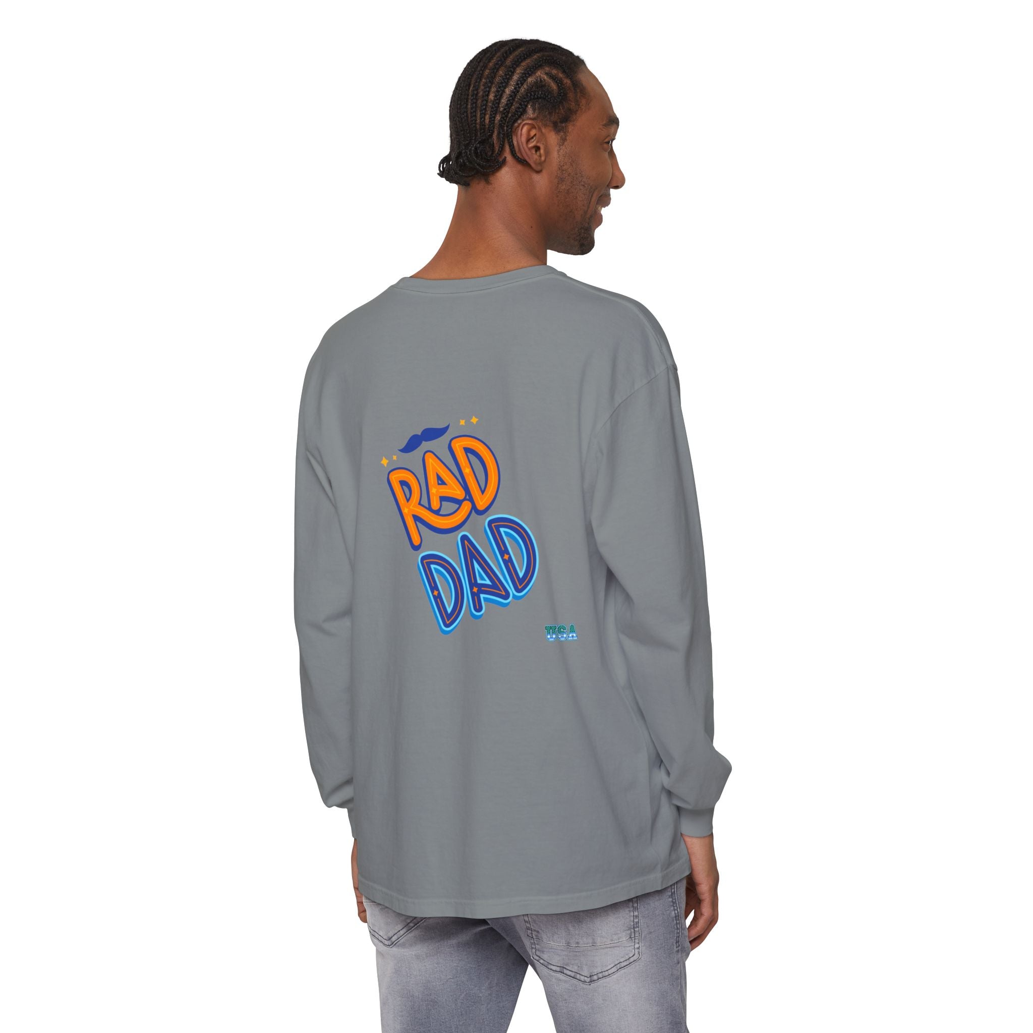 Rad Dad Long Sleeve T-Shirt | Retro Typography, Mustache Accent