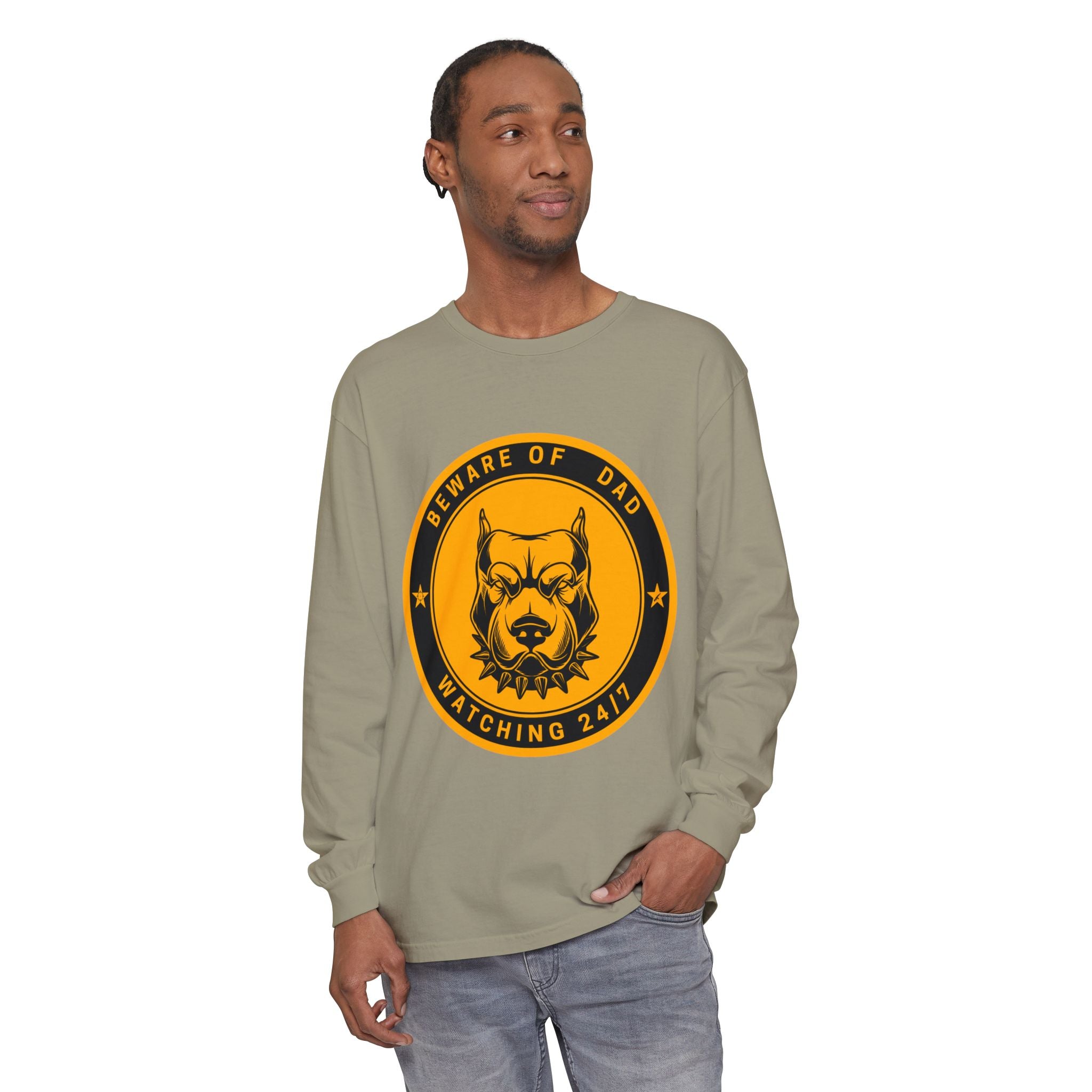 Beware of Dad Watching 24/7 Pitbull Graphic Long Sleeve Tee