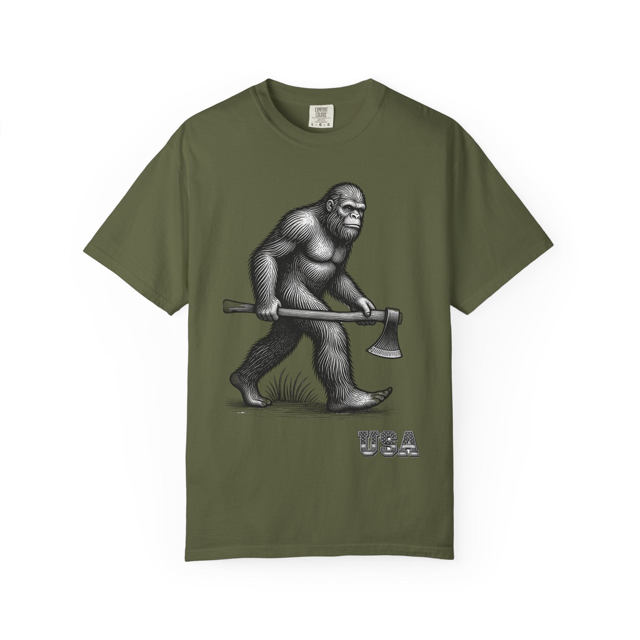 Sasquatch with Axe T-shirt | Vintage Bigfoot Illustration USA