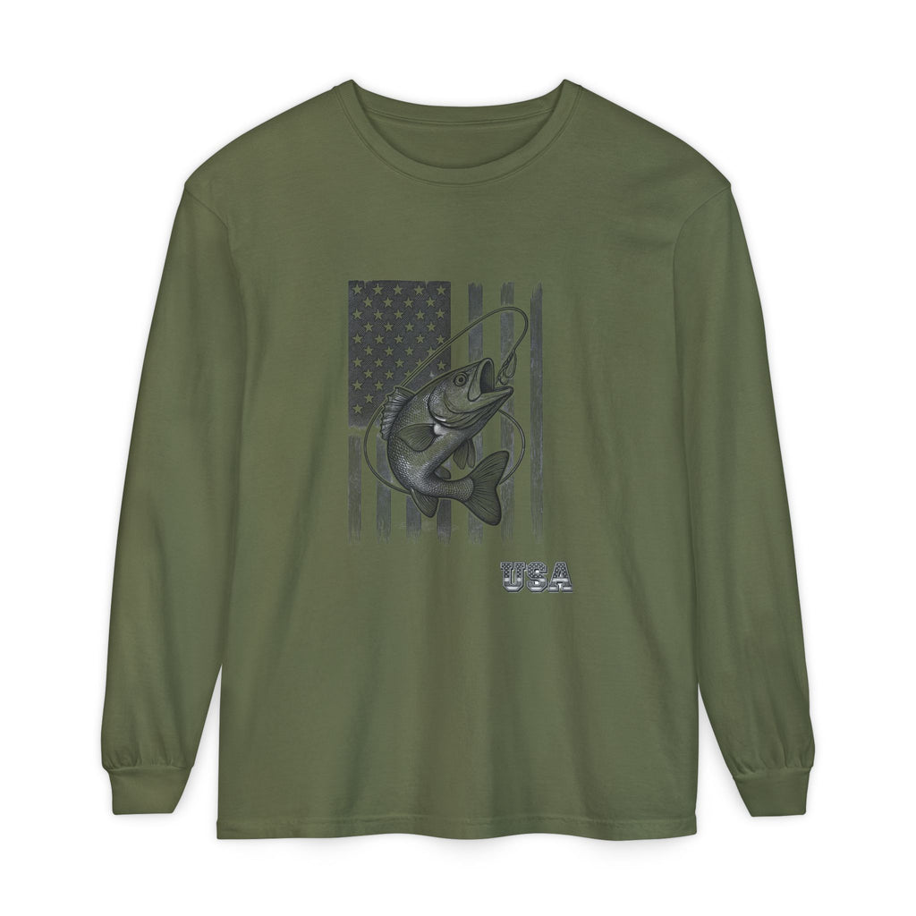 American Flag Bass Fishing Long Sleeve T-Shirt | USA Bass Tee