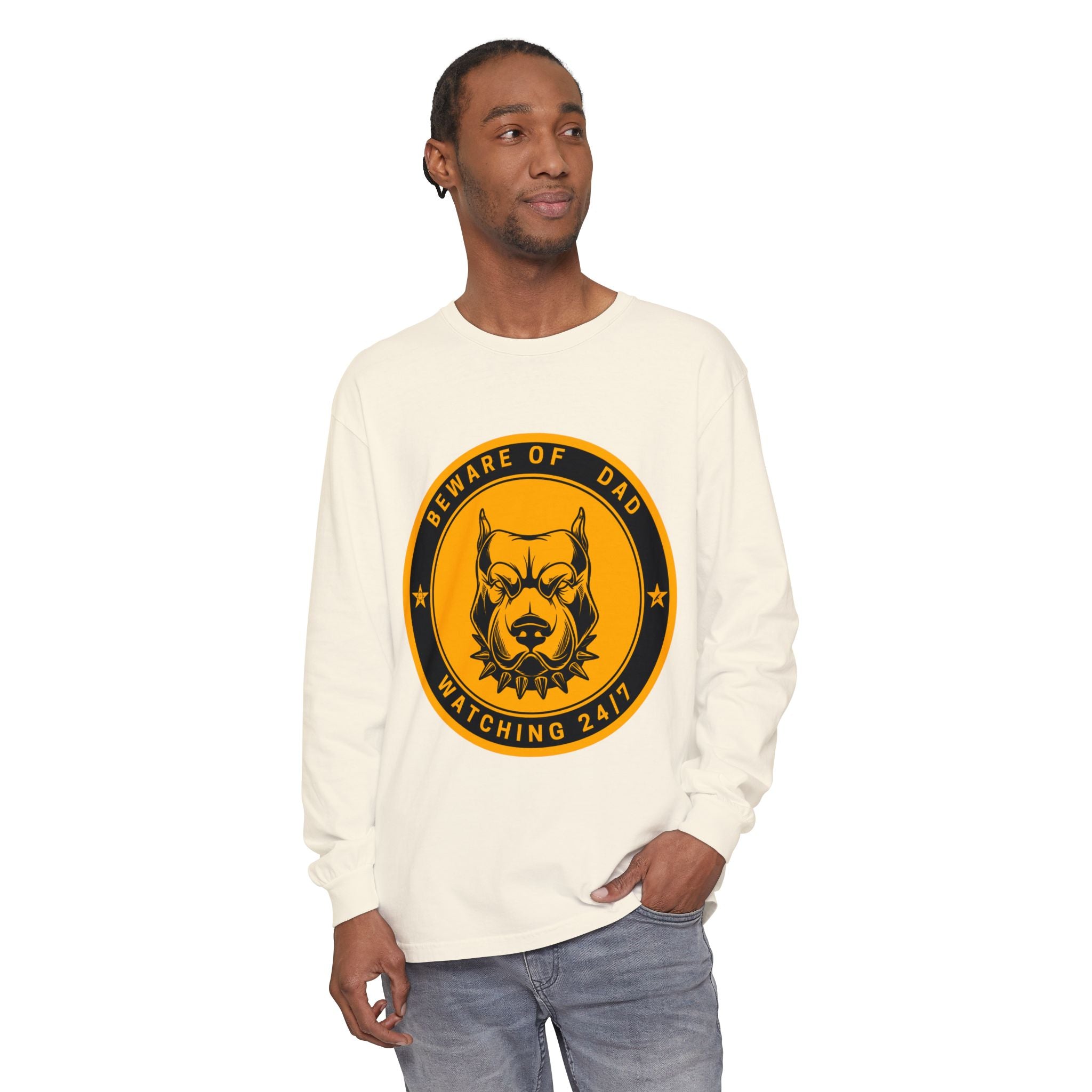 Beware of Dad Watching 24/7 Pitbull Graphic Long Sleeve Tee
