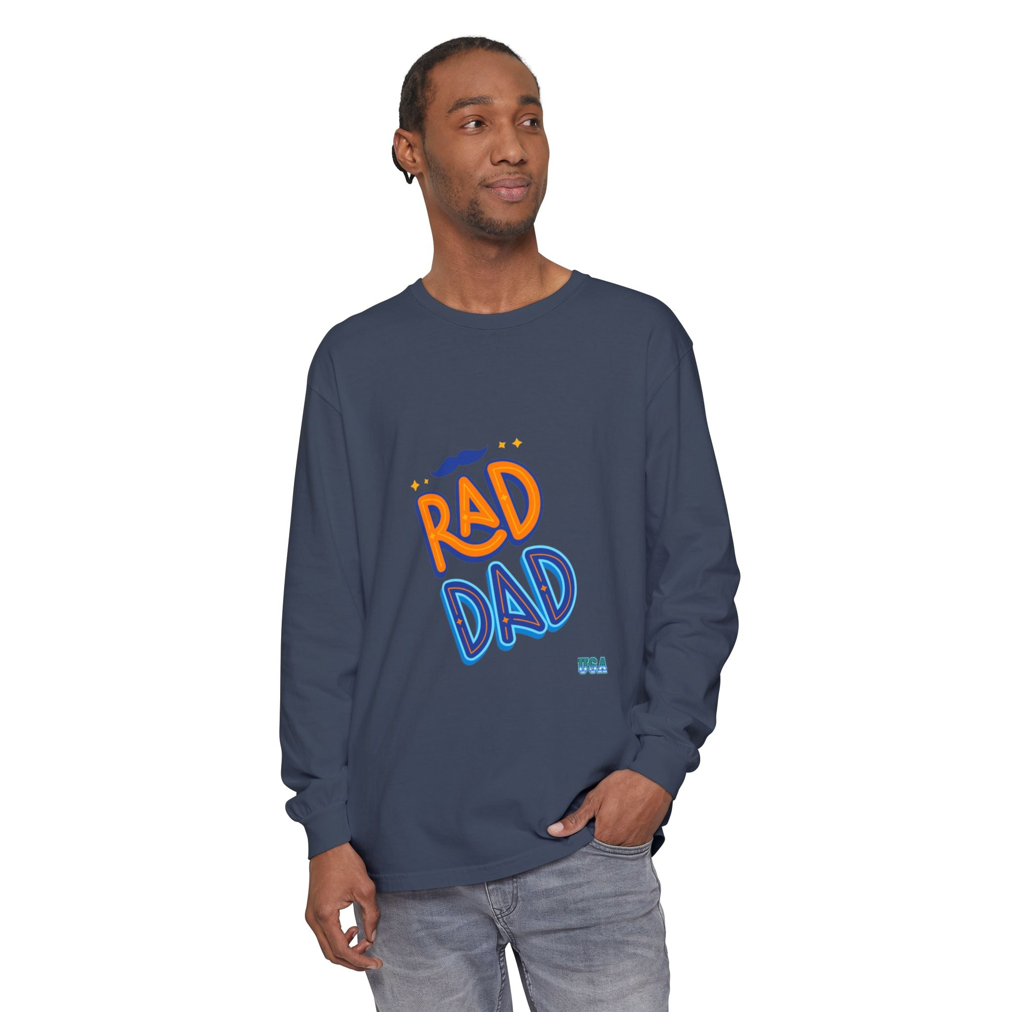 Rad Dad Long Sleeve T-Shirt | Retro Typography, Mustache Accent
