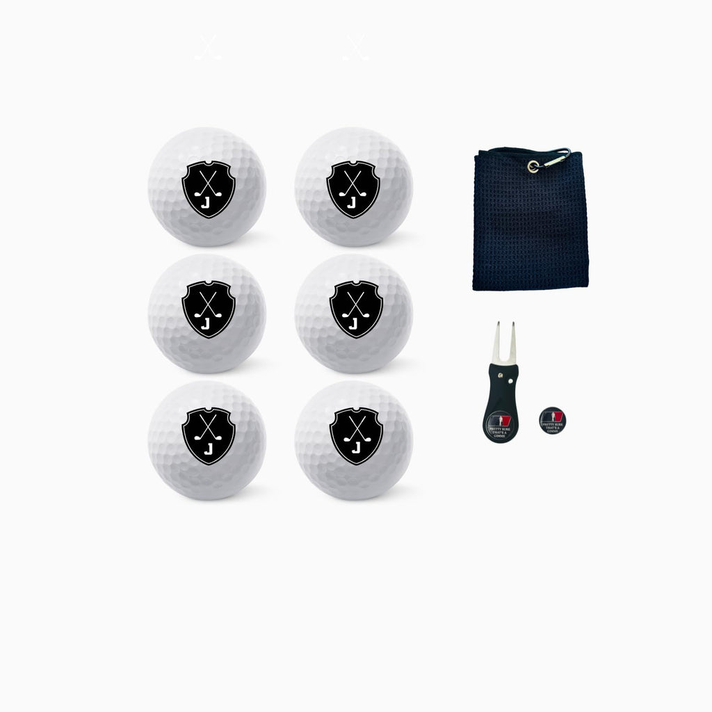 Personalized Custom Golf Balls Bueatiful Black Shield Royalty | Multiple Designs Monogrammed Golf Gifts & Accessories. Includes Golf-Balls,Towel,Divot.