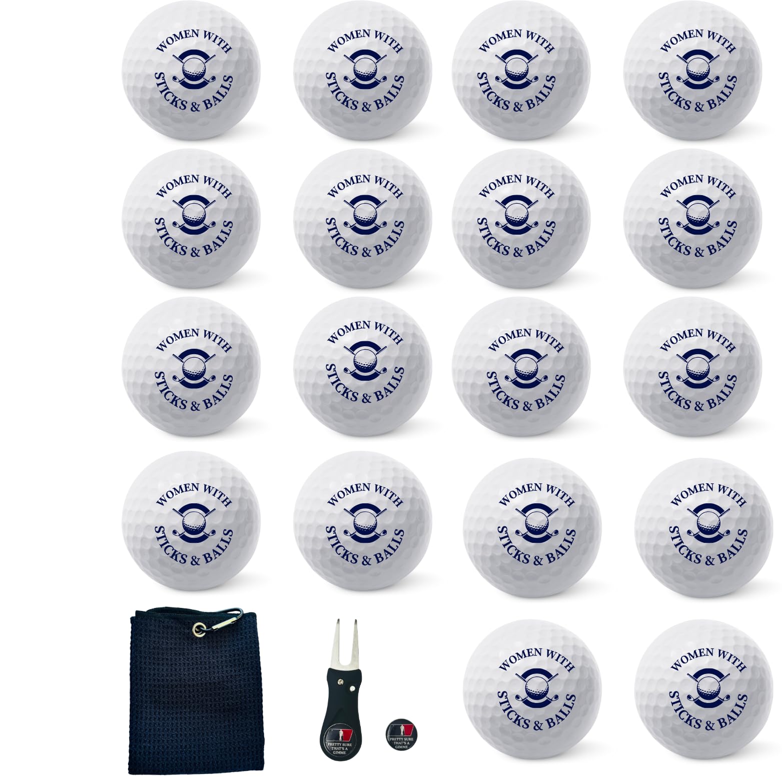 Golf Balls -Fun Design -Women with Sticks & Balls Gift Set - Includes Golf Balls,Towel,Divot & White Gift Box Ideal for Birthdays, Mother's Day, Xmas, Holidays and More for Your Crazy Golfer.
