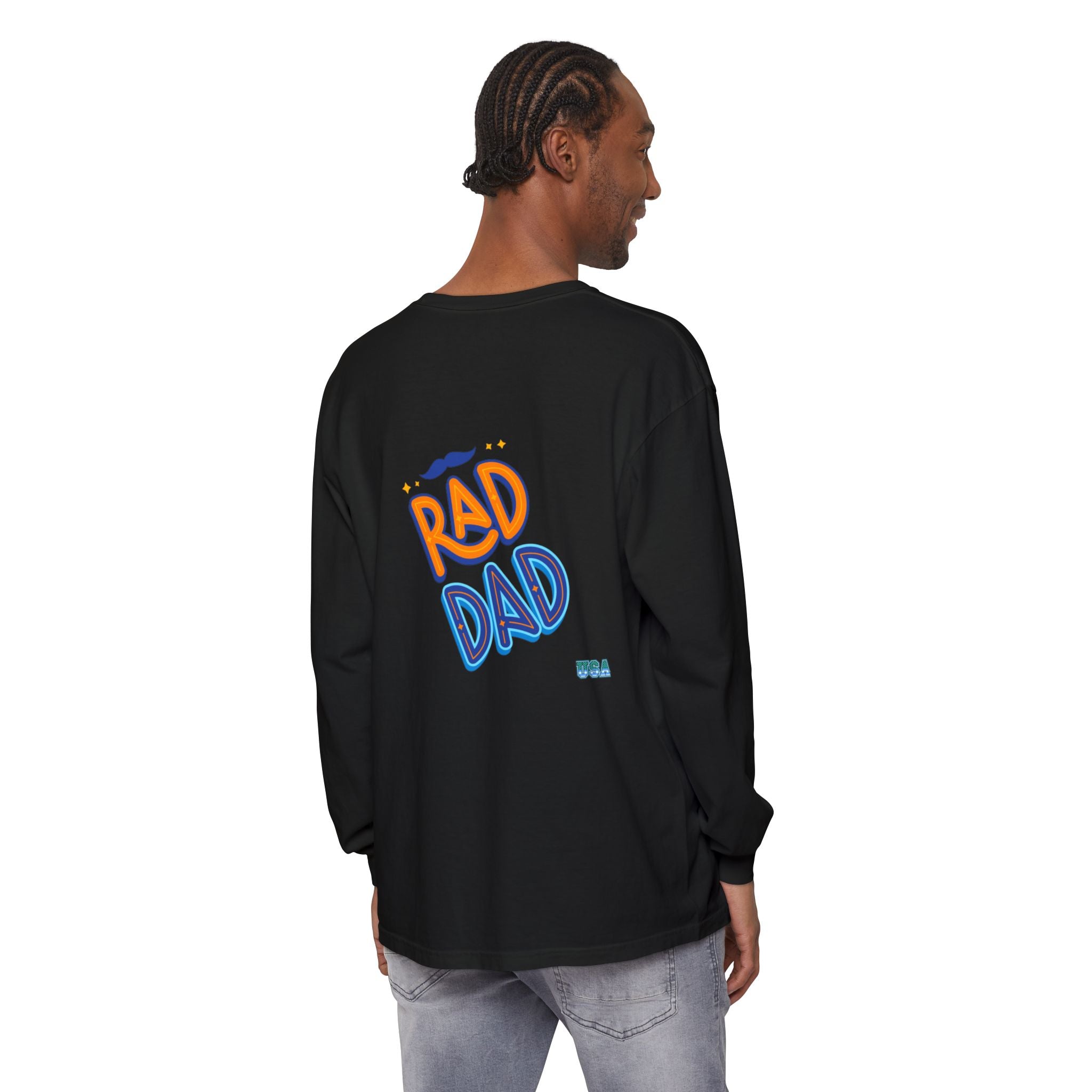 Rad Dad Long Sleeve T-Shirt | Retro Typography, Mustache Accent