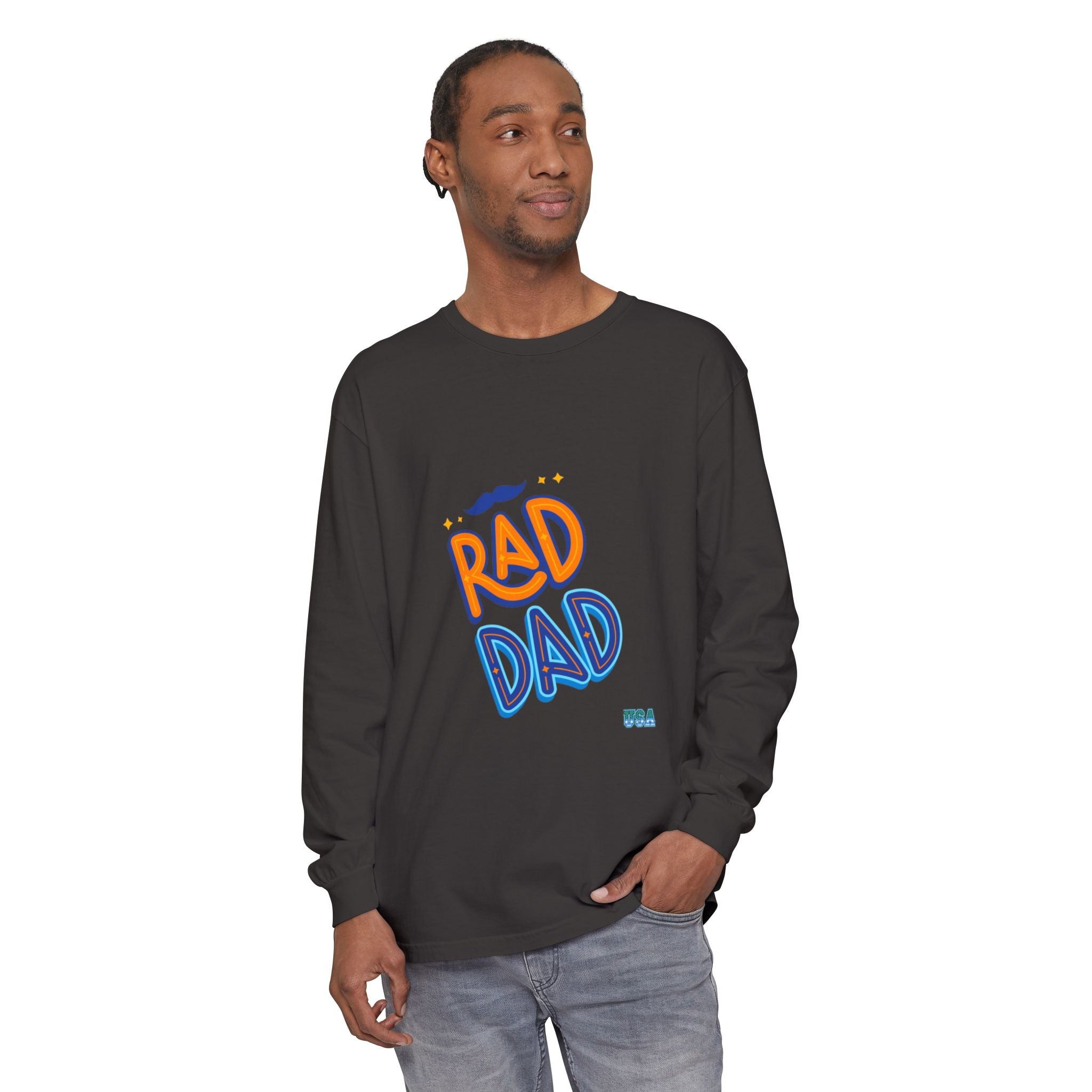 Rad Dad Long Sleeve T-Shirt | Retro Typography, Mustache Accent