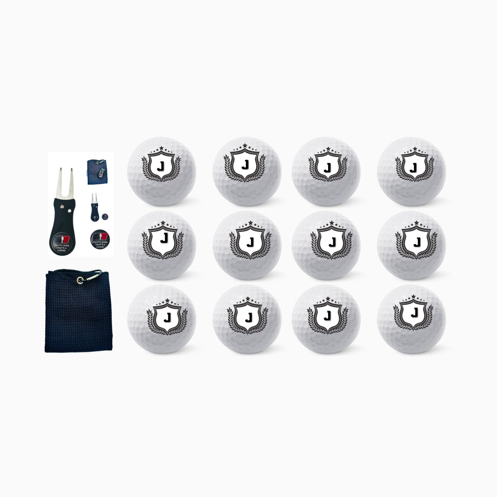 Personalized Custom Golf Balls Beautiful White Shield Royalty Designs | Multiple Designs Monogrammed Golf Gifts & Accessories. Includes Golf-Balls,Towel,Divot.