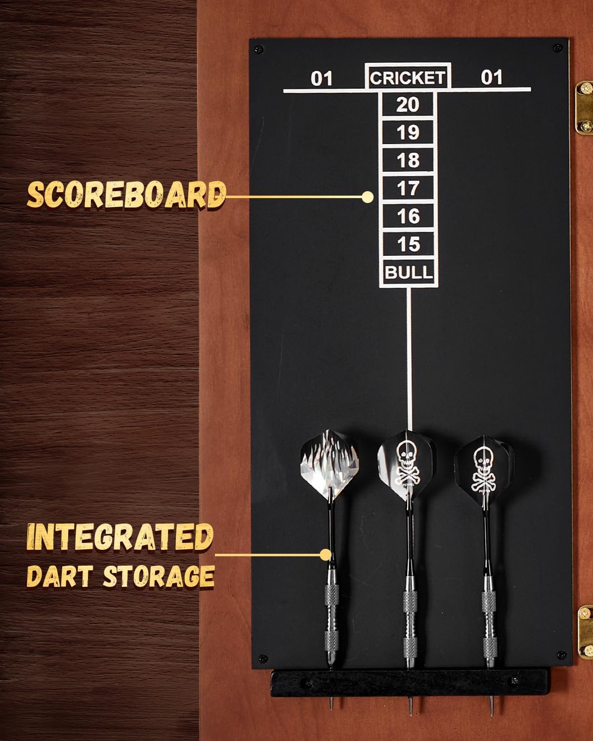 Personalized Dart Board Cabinet Set with 6 Steel Tip Darts, Paper Fibre Dartboard, Chalk & Eraser (21.5 x 21.5 x 2.75) - Engraving