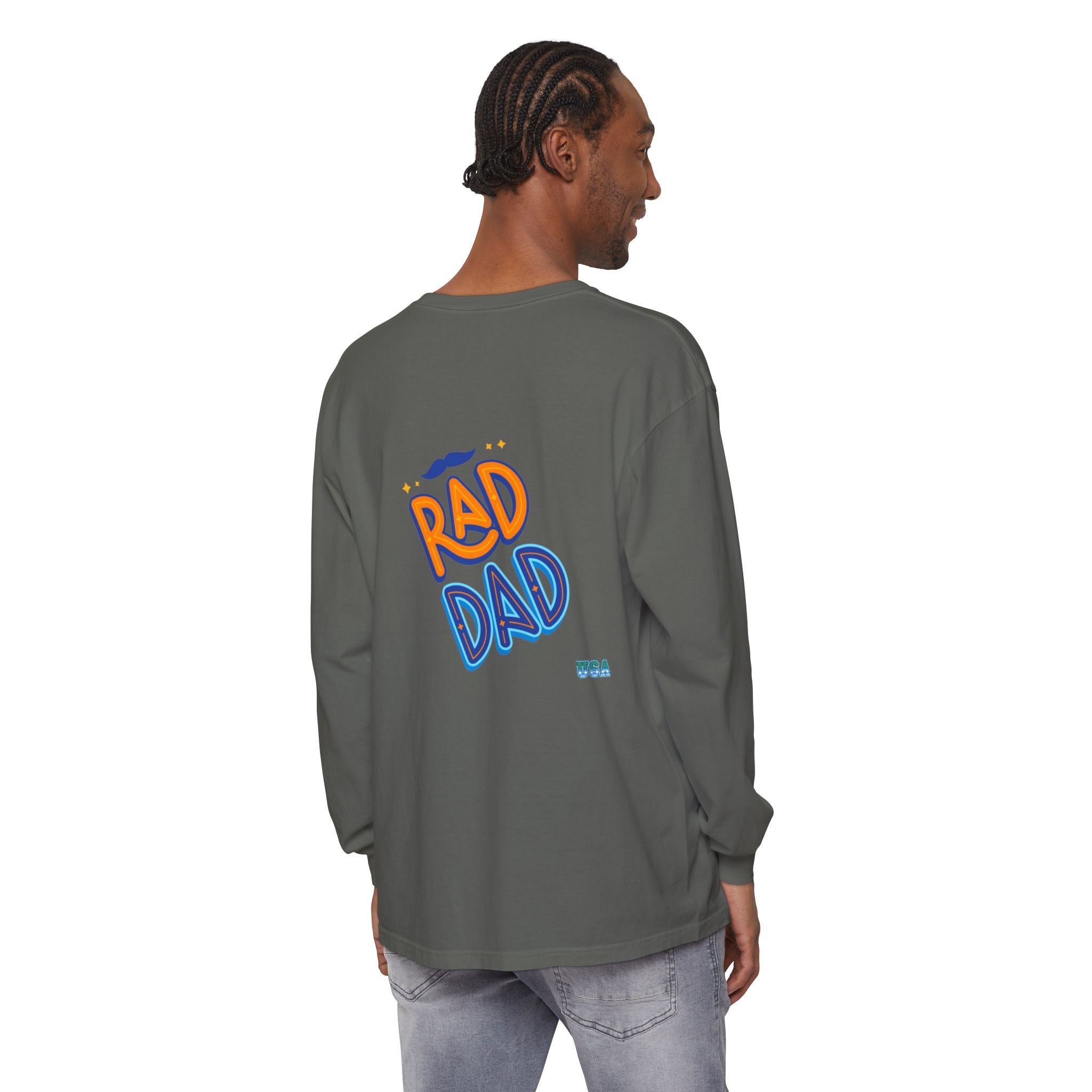 Rad Dad Long Sleeve T-Shirt | Retro Typography, Mustache Accent