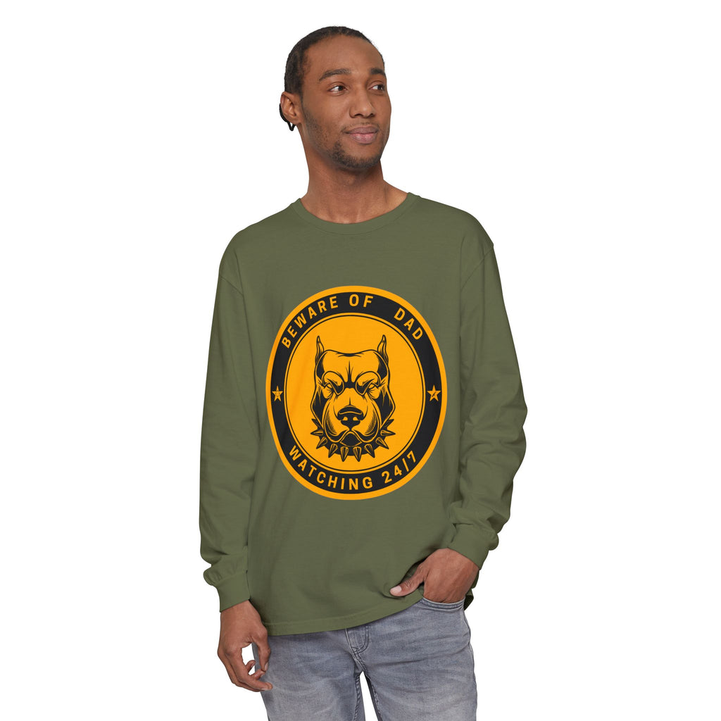 Beware of Dad Watching 24/7 Pitbull Graphic Long Sleeve Tee