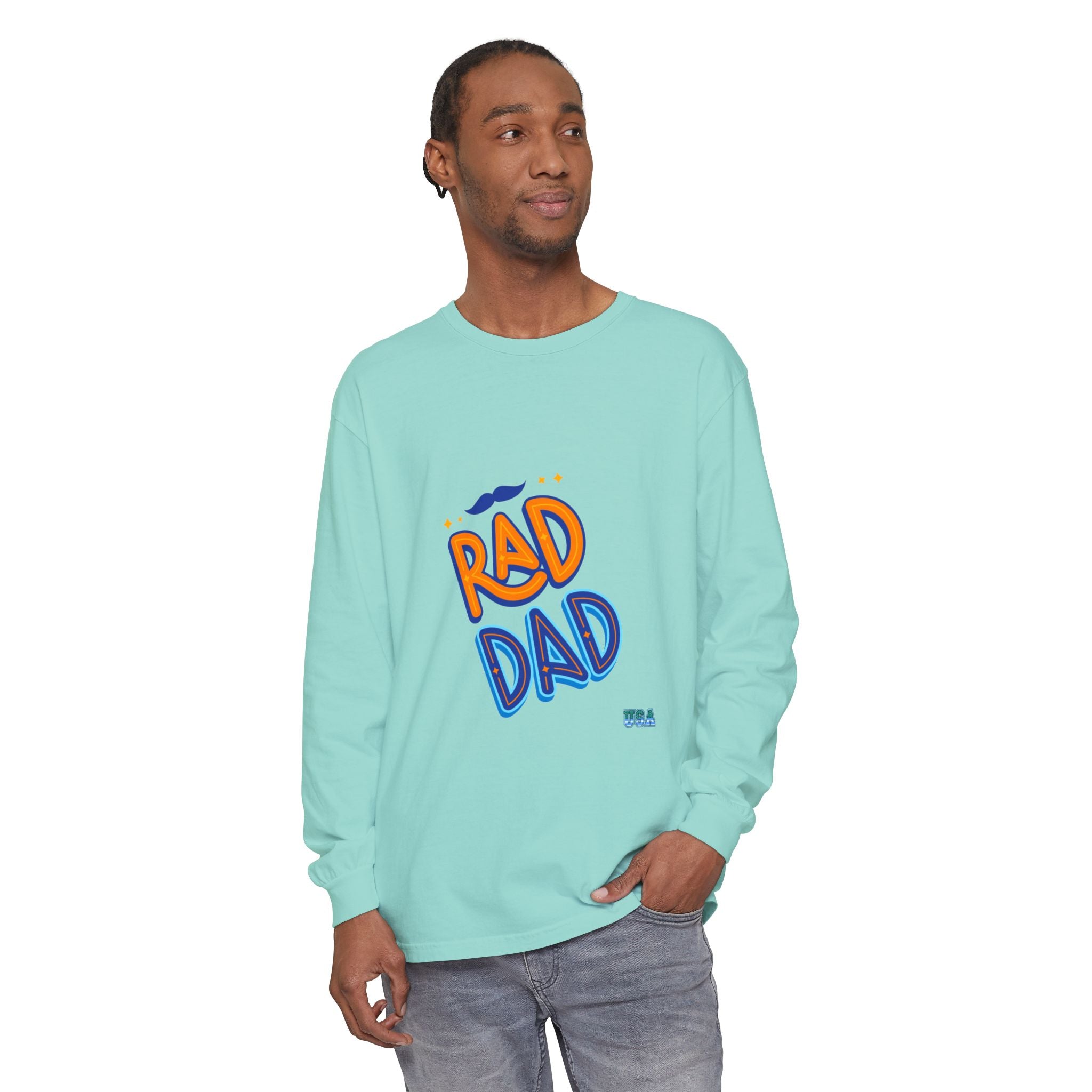 Rad Dad Long Sleeve T-Shirt | Retro Typography, Mustache Accent