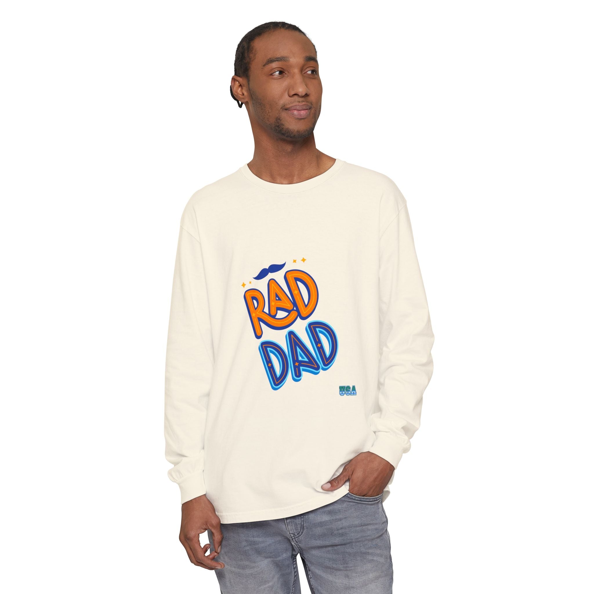 Rad Dad Long Sleeve T-Shirt | Retro Typography, Mustache Accent