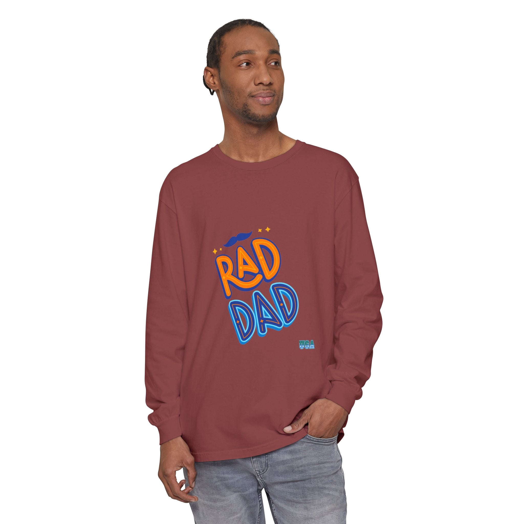Rad Dad Long Sleeve T-Shirt | Retro Typography, Mustache Accent