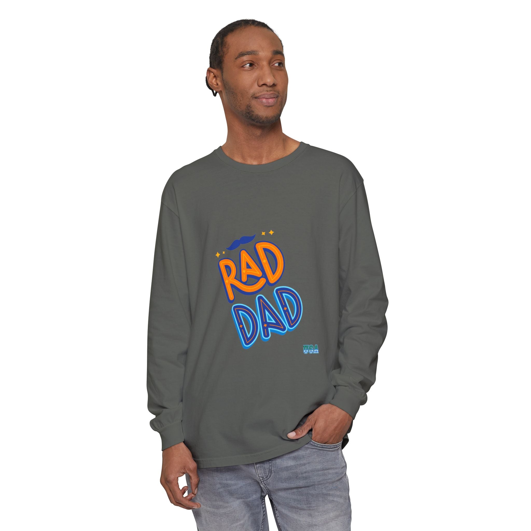 Rad Dad Long Sleeve T-Shirt | Retro Typography, Mustache Accent