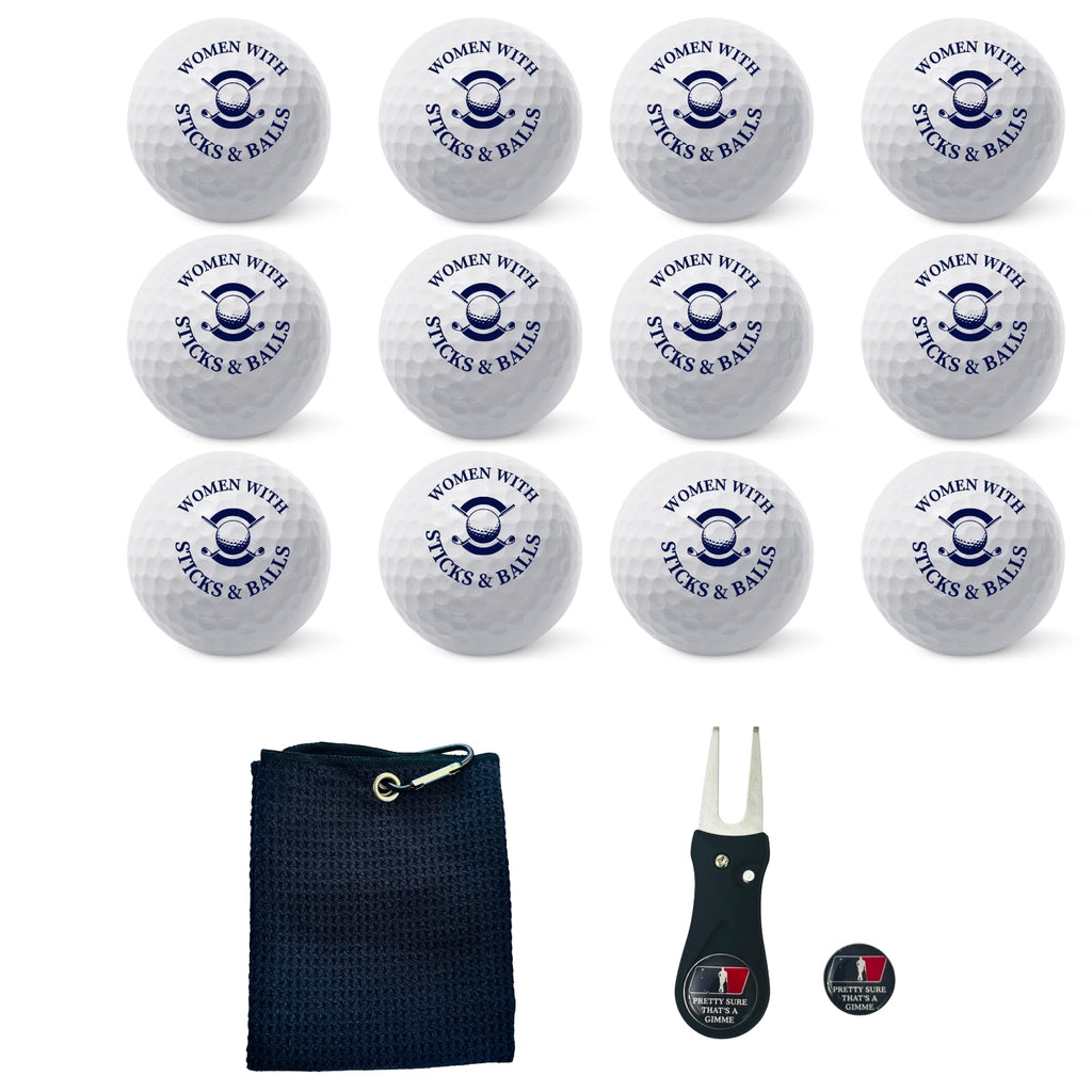 Golf Balls -Fun Design -Women with Sticks & Balls Gift Set - Includes Golf Balls,Towel,Divot & White Gift Box Ideal for Birthdays, Mother's Day, Xmas, Holidays and More for Your Crazy Golfer.