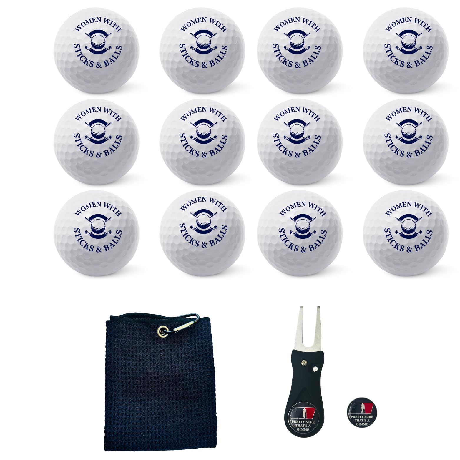 Golf Balls -Fun Design -Women with Sticks & Balls Gift Set - Includes Golf Balls,Towel,Divot & White Gift Box Ideal for Birthdays, Mother's Day, Xmas, Holidays and More for Your Crazy Golfer.