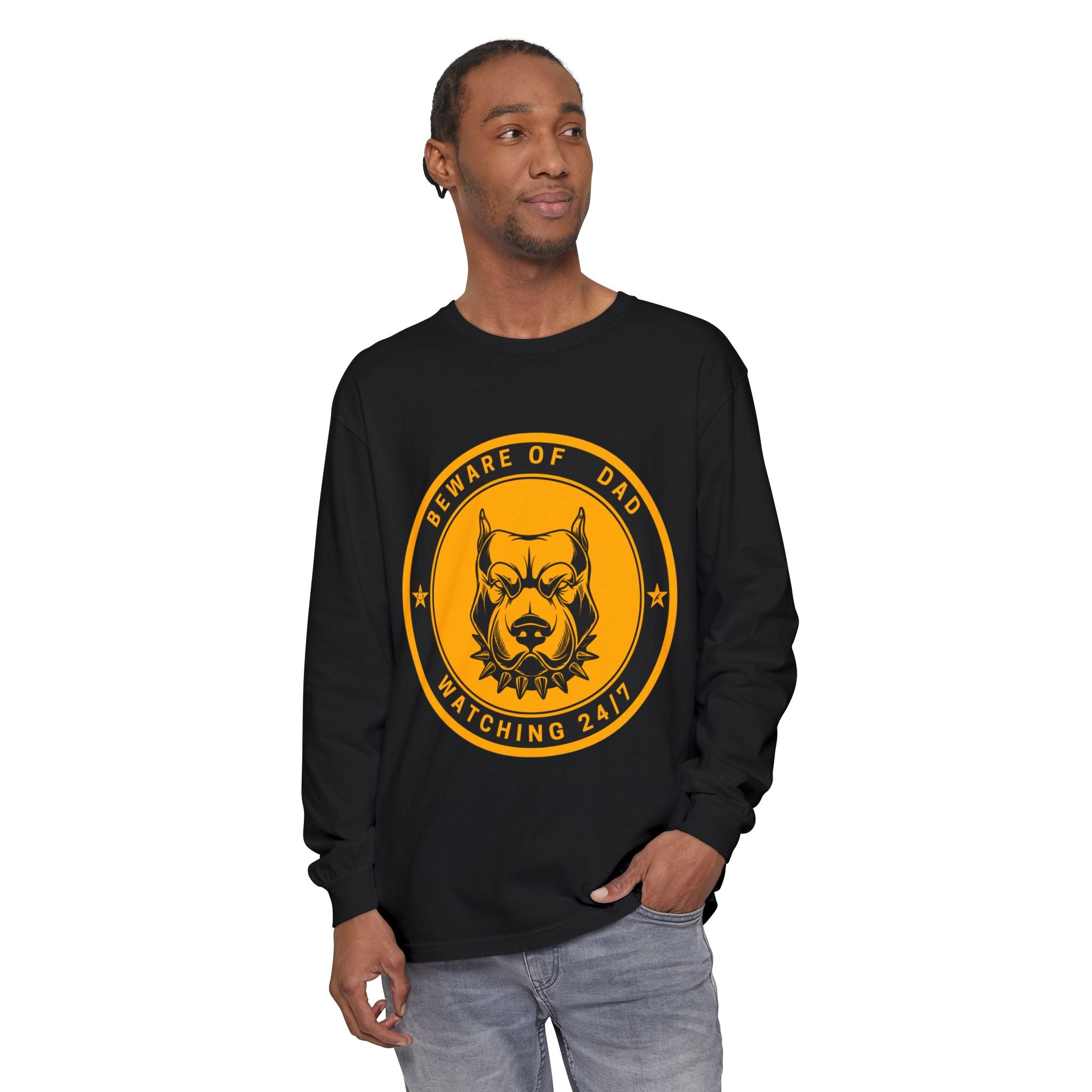 Beware of Dad Watching 24/7 Pitbull Graphic Long Sleeve Tee
