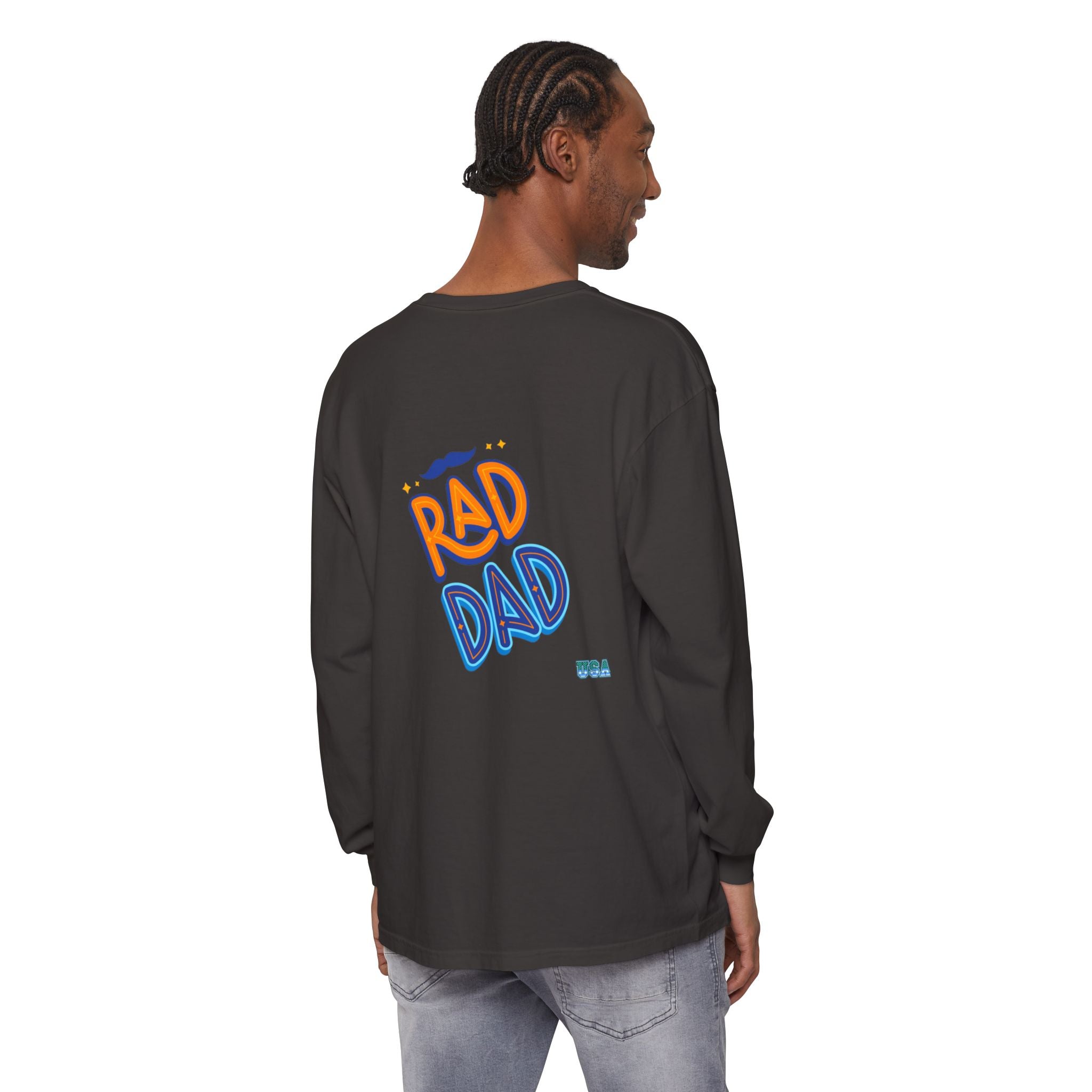 Rad Dad Long Sleeve T-Shirt | Retro Typography, Mustache Accent