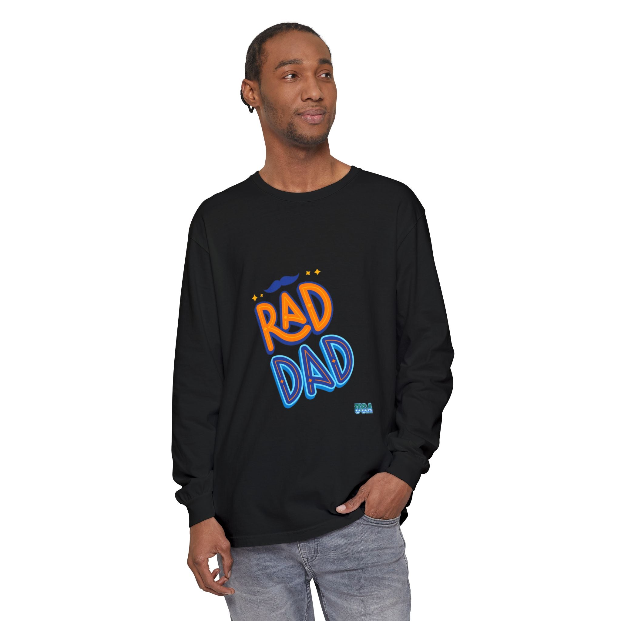 Rad Dad Long Sleeve T-Shirt | Retro Typography, Mustache Accent