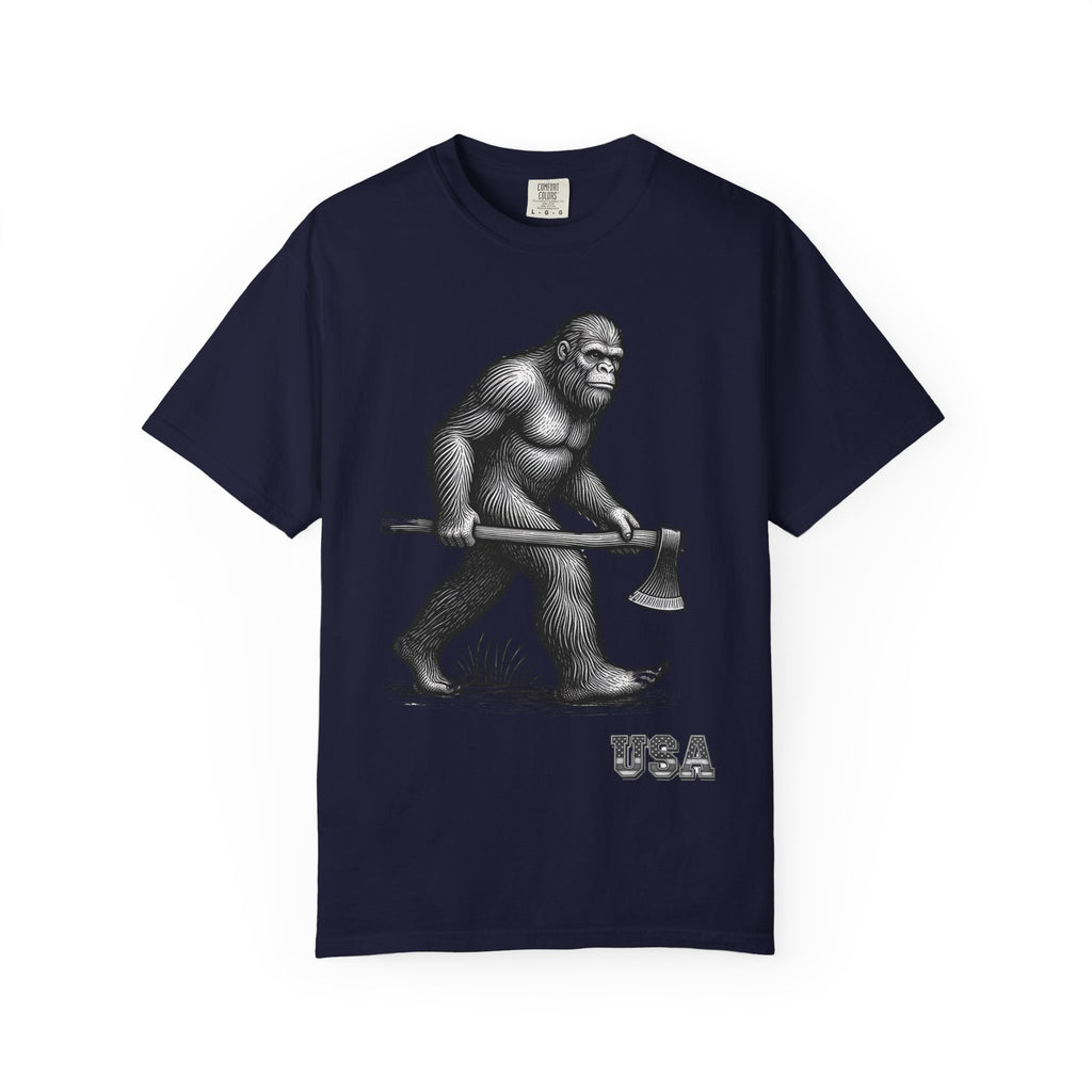 Sasquatch with Axe T-shirt | Vintage Bigfoot Illustration USA