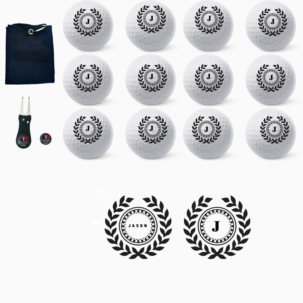 Personalized Custom Golf Balls Beautiful Shield Royalty | Multiple Designs Monogrammed Golf Gifts & Accessories. Includes Golf-Balls,Towel,Divot.