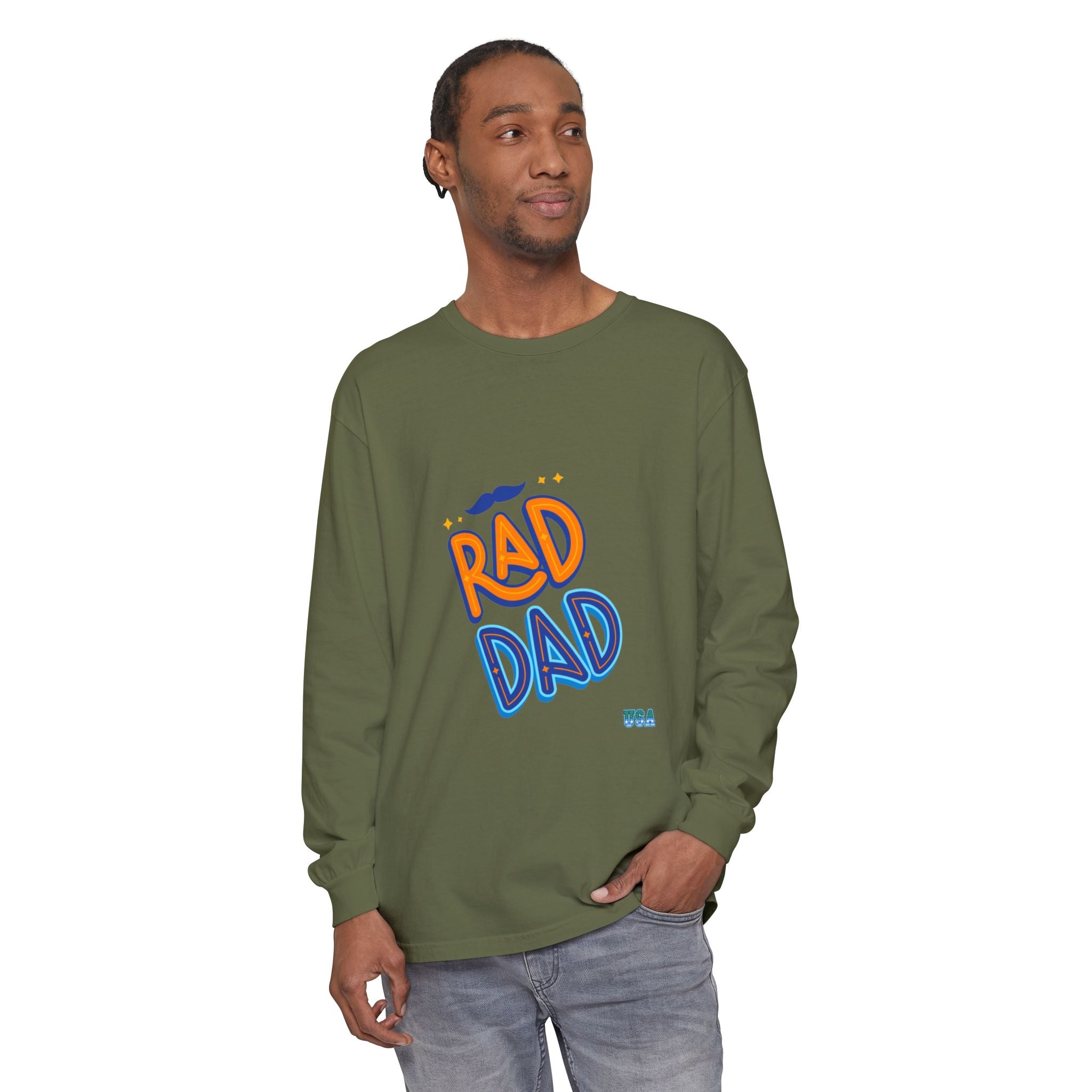 Rad Dad Long Sleeve T-Shirt | Retro Typography, Mustache Accent