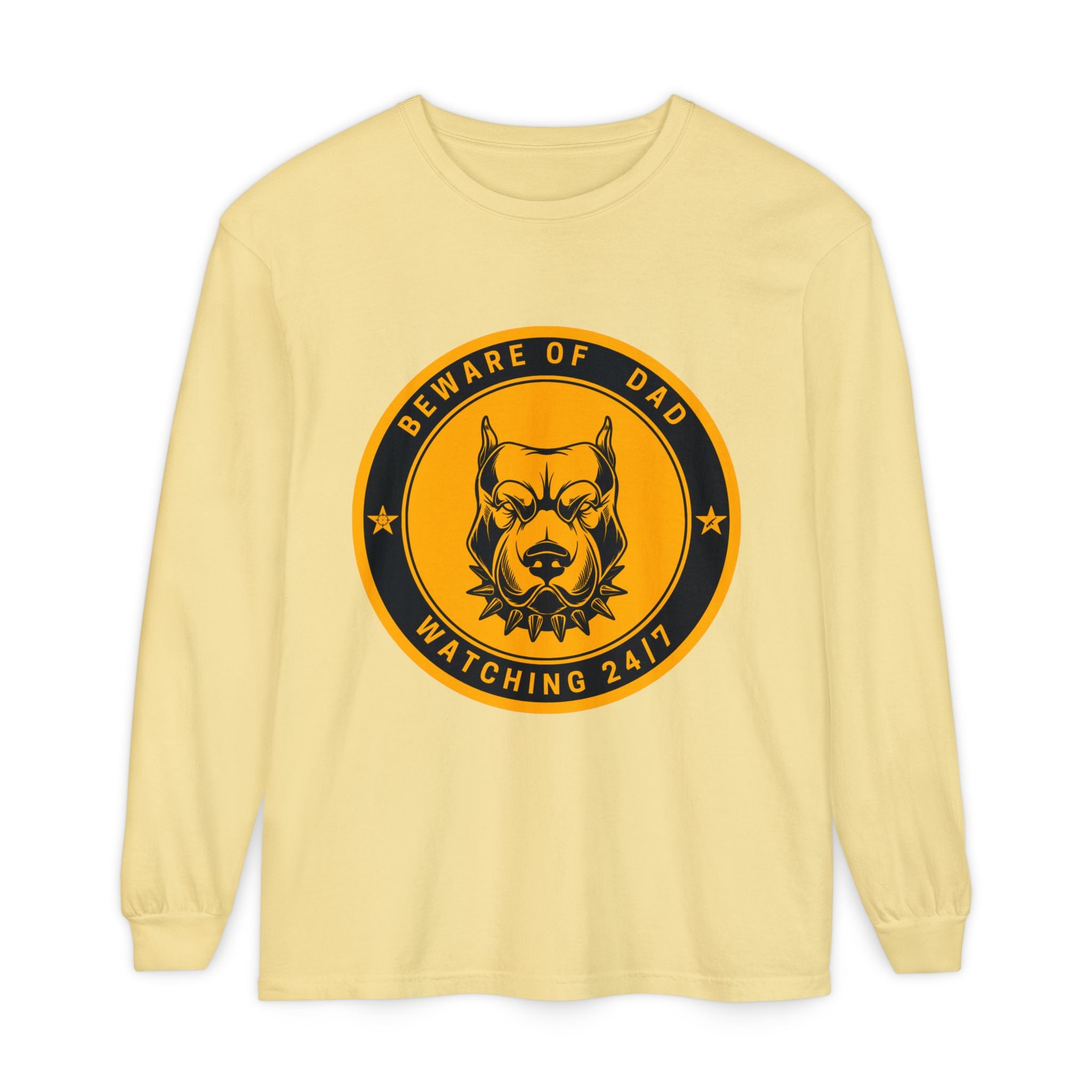 Beware of Dad Watching 24/7 Pitbull Graphic Long Sleeve Tee