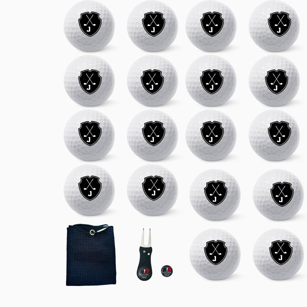 Personalized Custom Golf Balls Bueatiful Black Shield Royalty | Multiple Designs Monogrammed Golf Gifts & Accessories. Includes Golf-Balls,Towel,Divot.