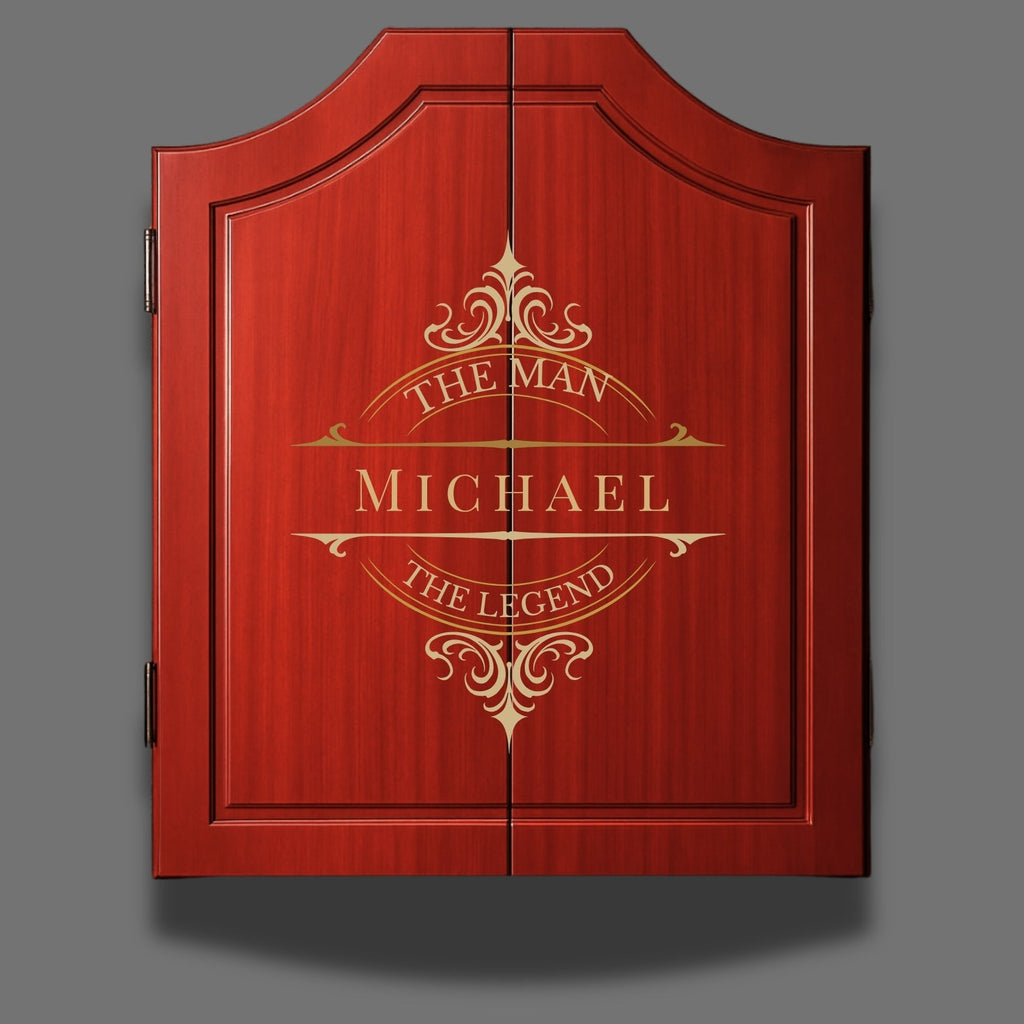 Custom laser engraved dartboard cabinet personalized with name Michael