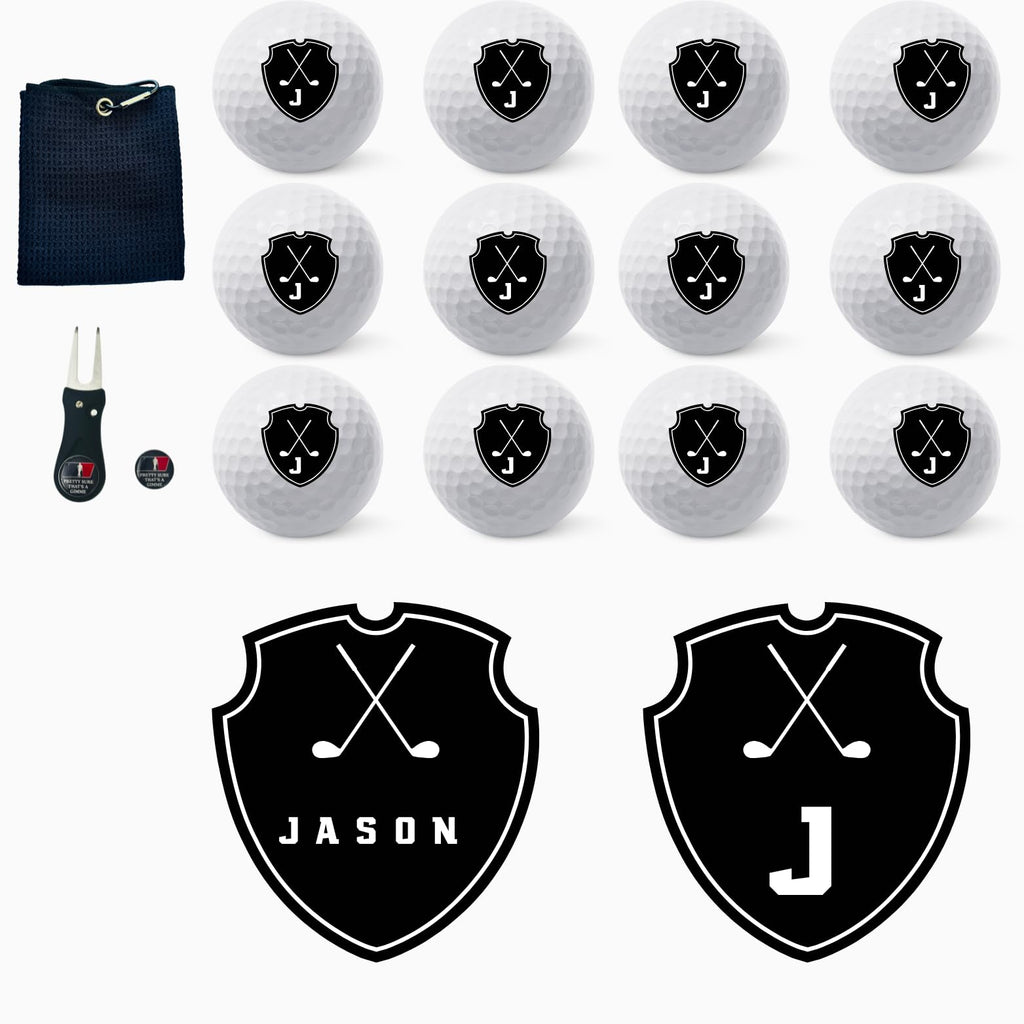 Personalized Custom Golf Balls Bueatiful Black Shield Royalty | Multiple Designs Monogrammed Golf Gifts & Accessories. Includes Golf-Balls,Towel,Divot.