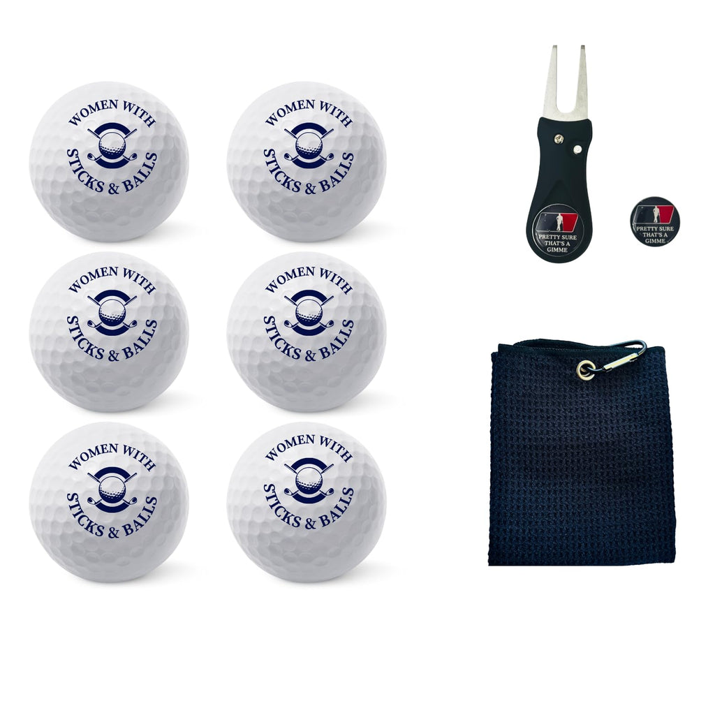 Golf Balls -Fun Design -Women with Sticks & Balls Gift Set - Includes Golf Balls,Towel,Divot & White Gift Box Ideal for Birthdays, Mother's Day, Xmas, Holidays and More for Your Crazy Golfer.